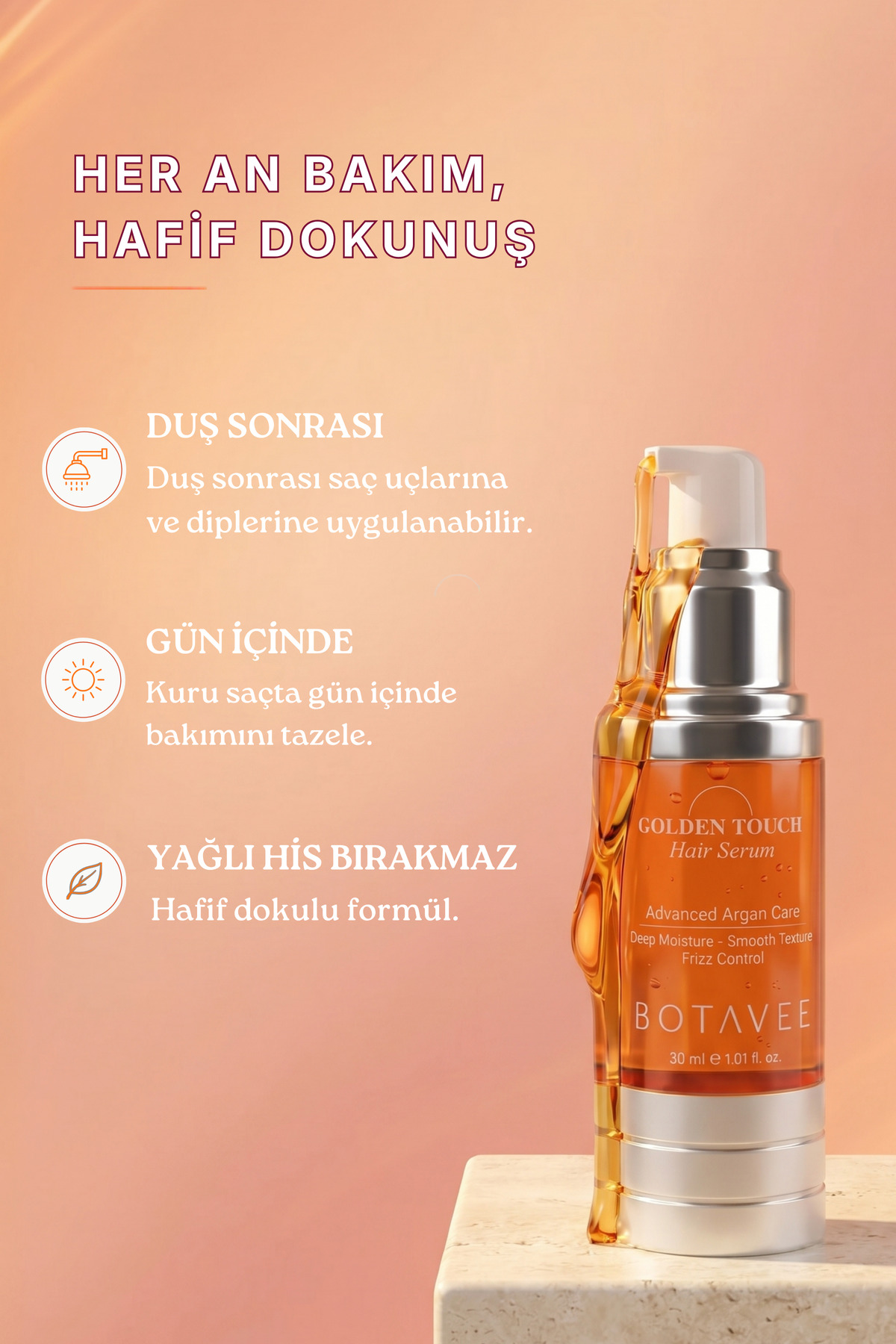 Besleyici ve Onarıcı Saç Serumu - Parlaklık Veren, Elektriklenme Karşıtı ve Kolay Tarama Desteği - 30 ml — BOT-GTS-30 — تصویر 6 از 8