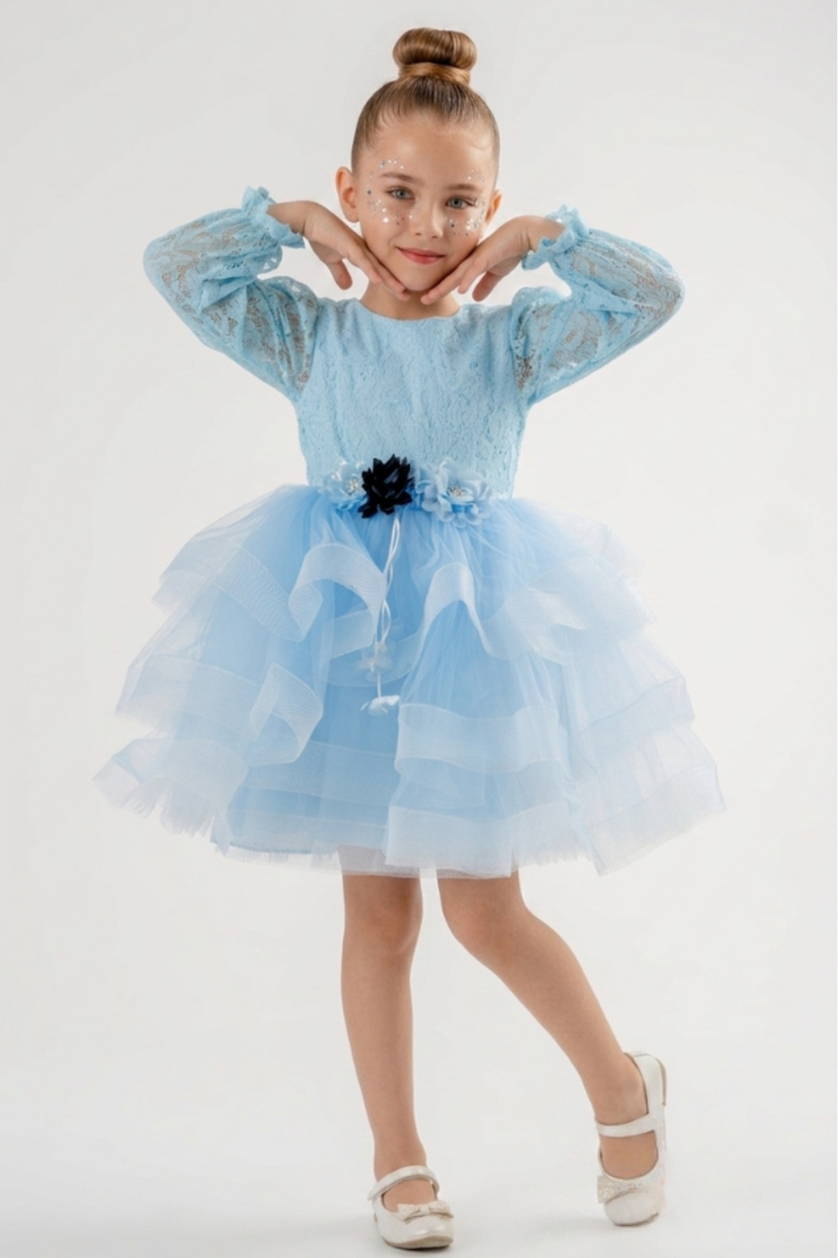 Eray Kids Eteği Fırfırlı Dantel Kollu Çiçek Detay Kız Çocuk Abiye Elbise