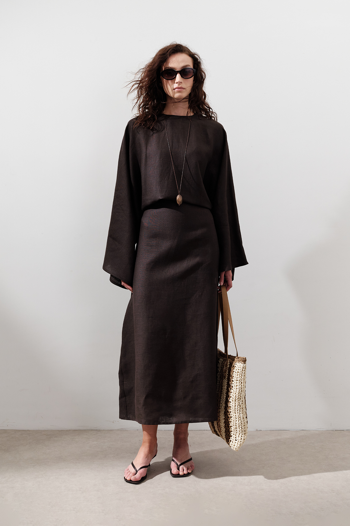 Manuka Linen Wide Tie Dress Bitter Brown