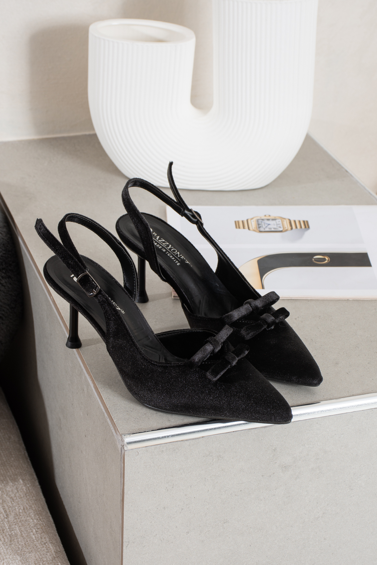 Women's Lea Black Velvet Bow Detailed Pointed Toe Stiletto Slingback Evening Dress Slim Heels
