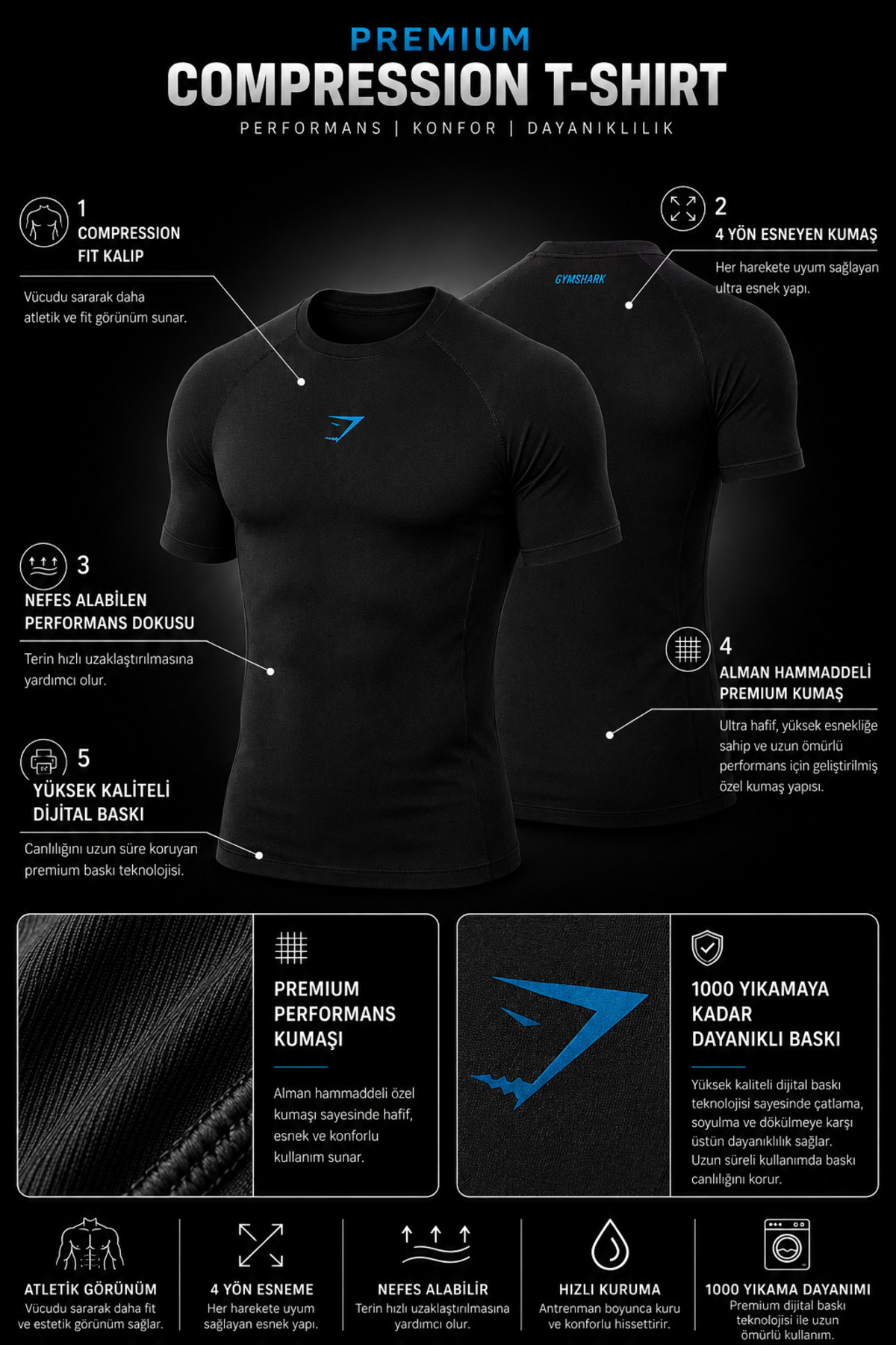 Stylovi GymShark Compression Spor T-Shirt - Yüksek Kalite görsel 2