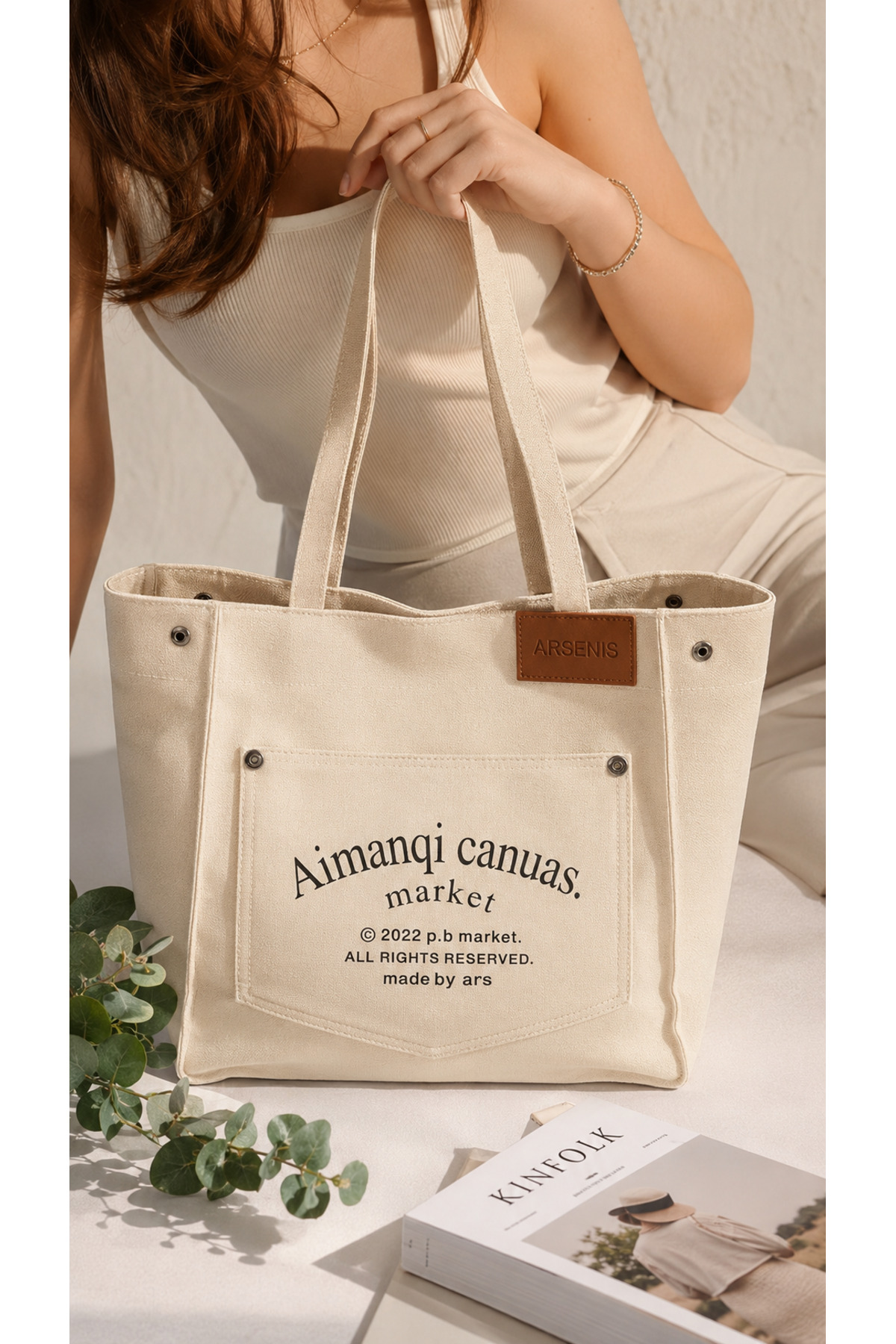 Lizzo Bag Accessory Arsenis Kadın Krem Omuz Askılı Kanvas Kumaş Tote Bag
