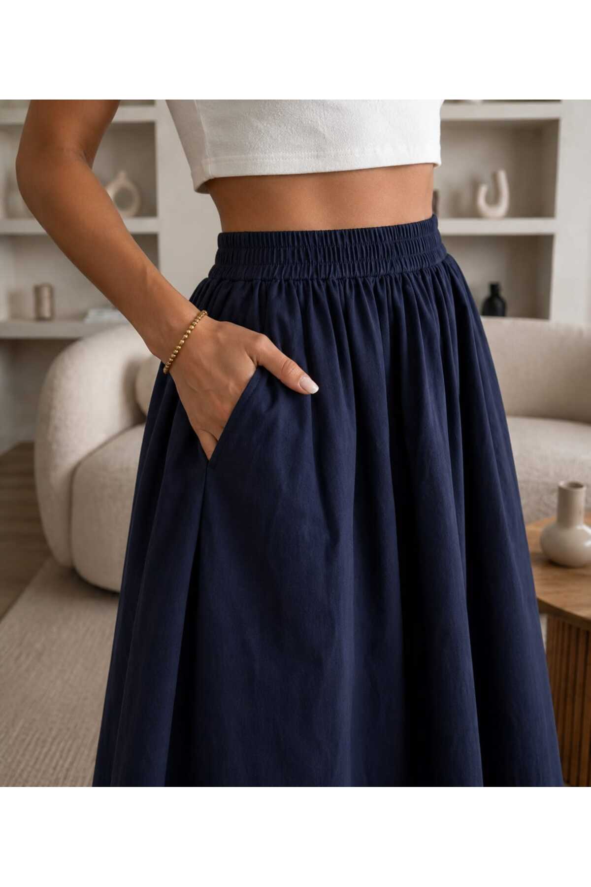 Gülmude  Çift Cepli Poplin Kumaş Beli Lastikli İç Göstermez Maxi Etek (90 CM) - Görsel 2