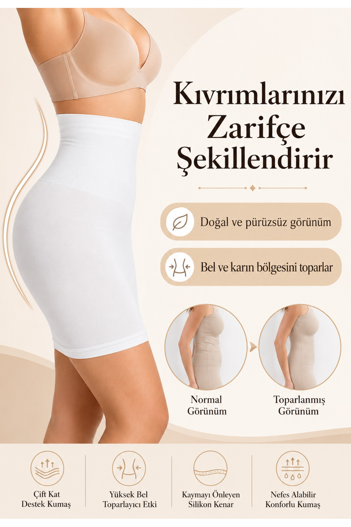 Formactive Kadın Yüksek Bel Jüpon Dikişsiz Korse Beyaz - Karın Kontrolü & Esnek Tasarım 1090 görsel 4