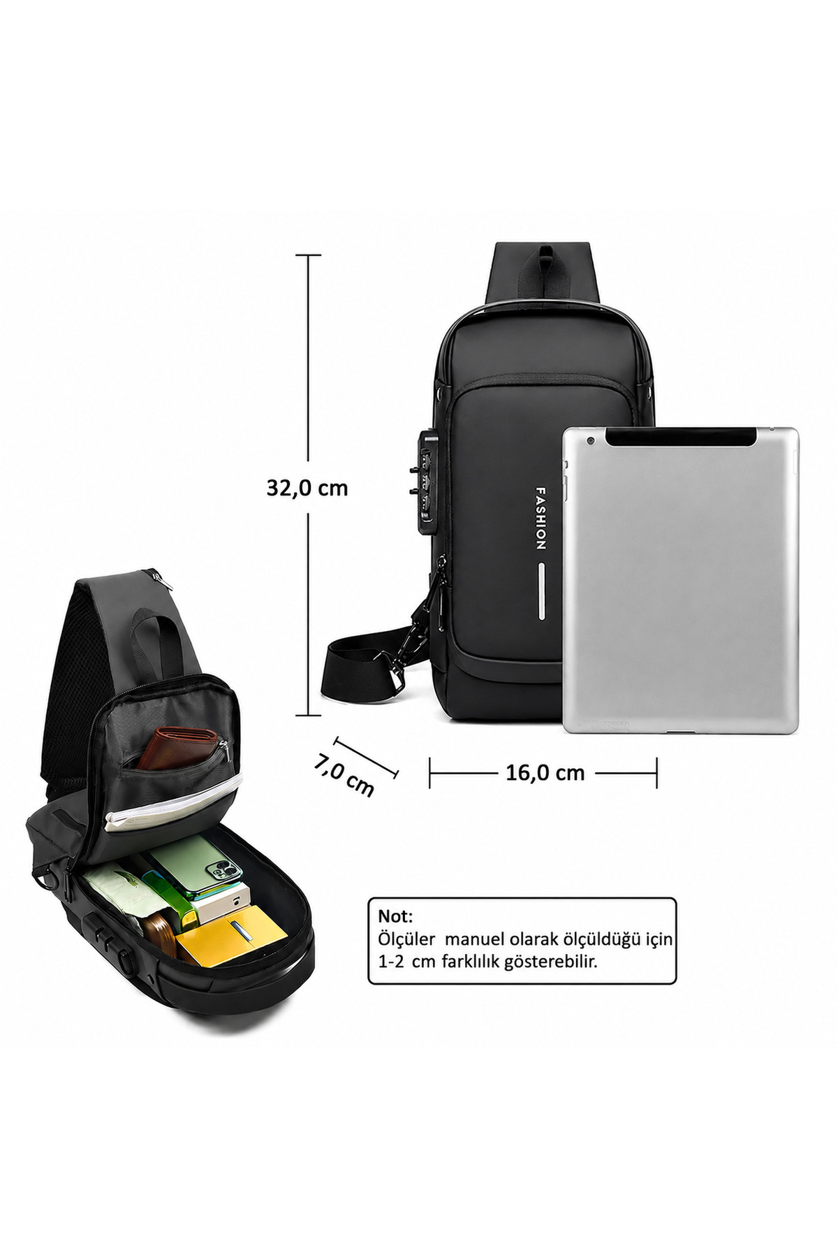 FASHION USB şarj portlu ve kilitli şık omuz göğüs çantası görsel 3