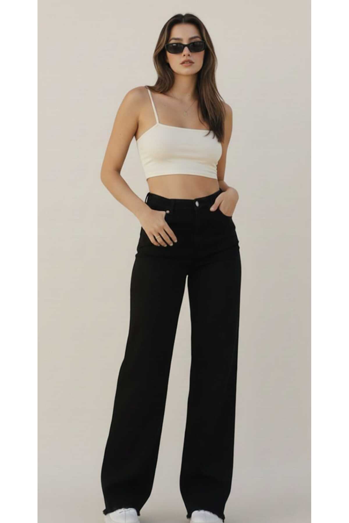 Deep Women's Black Super High Waist Jeans Lycra Loose Leg Jeans Black Waist Leg