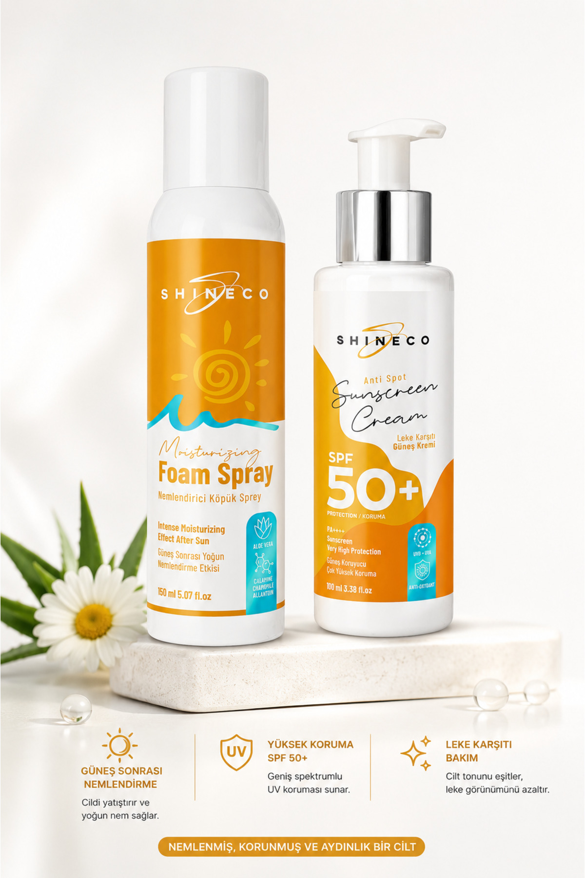 50+ spf Koruyucu Leke Karşıtı Güneş Kremi 90ml, Güneş Sonrası Yoğun Nemlendirme Köpük Sprey 150ml — - KORUYUCU - NEMLENDİRİCİ