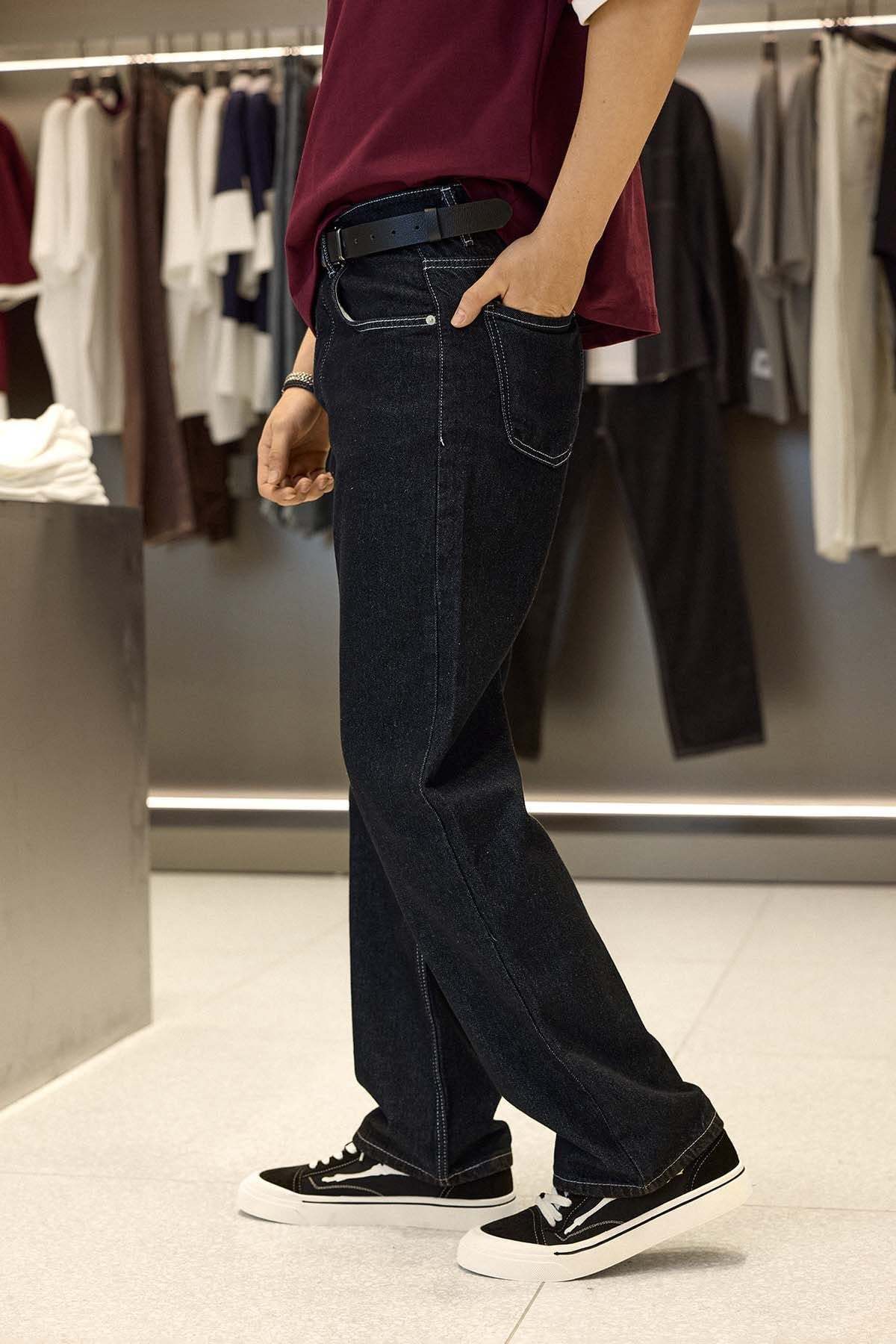 ablukaonline Erkek Baggy Fit Kontrast Dikişli Jean Pantolon Siyah görsel 5