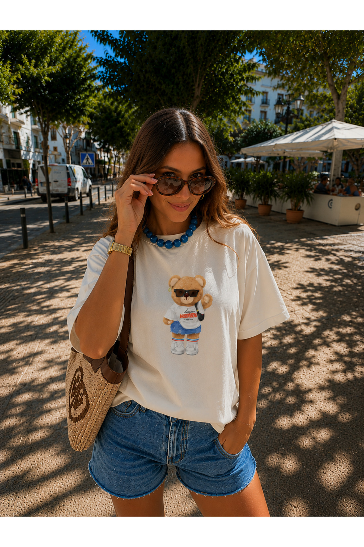 Le'Sluette %100 Pamuk Premium Oversize T Shirt Ayı Teddy Bear Baskılı %100 Pamuk Yüksek Kalite görsel 2
