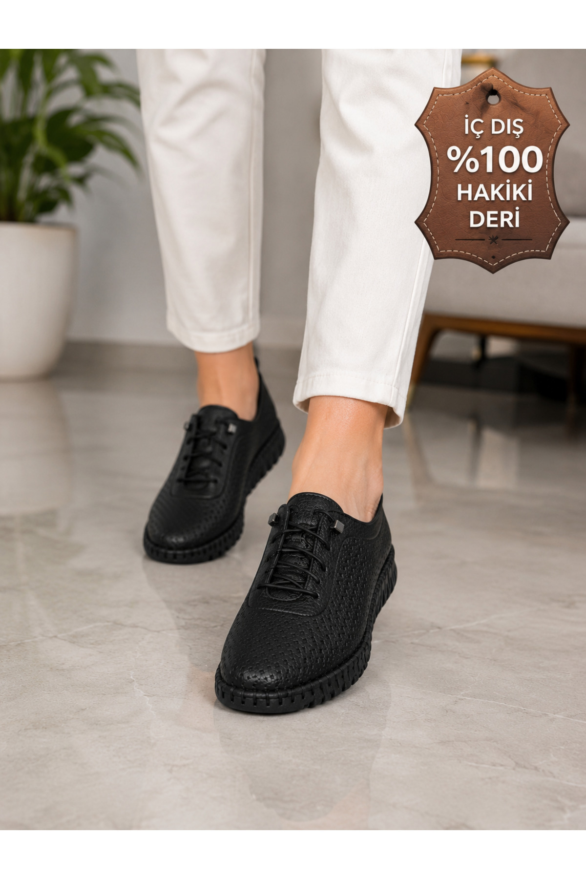 Cooka Shoes Kadın Siyah Hakiki Deri Anne Ayakkabısı Ortopedik Günlük Yürüyüş Ayakkabısı