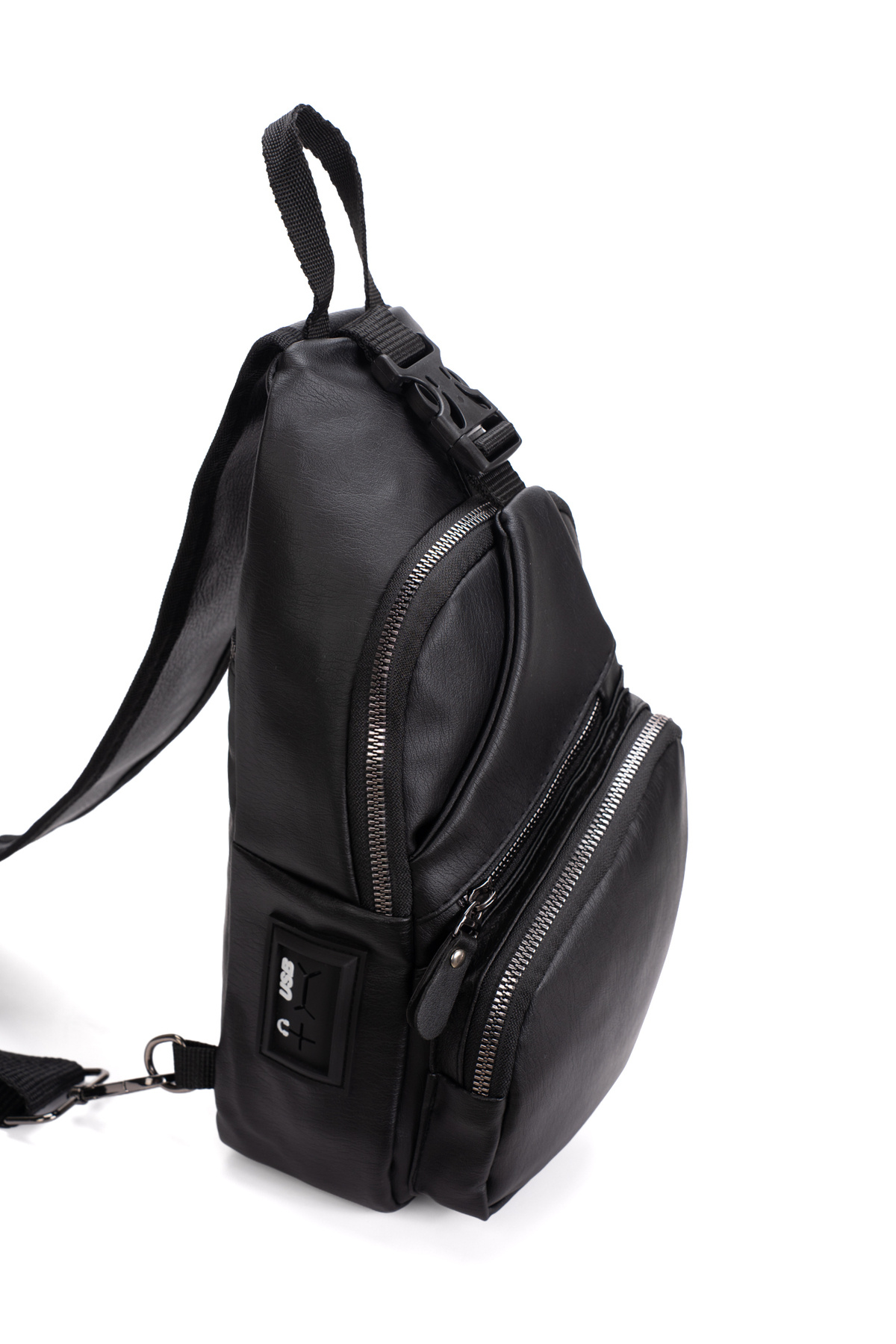 NEWISH POLO ACCESSORIES Unisex Siyah Su Geçirmez Yıkama Deri Usb Ve Kulaklık Girişli Çapraz Omuz Ve Göğüs Yürüyüş Çantası görsel 5