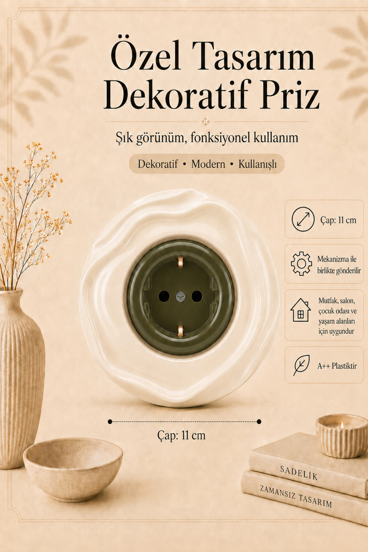 Özel Tasarım Wavy Serisi Dış Krem İç Haki Dekoratif Priz A Kalite Plastik (Mekanizma Dahildir)