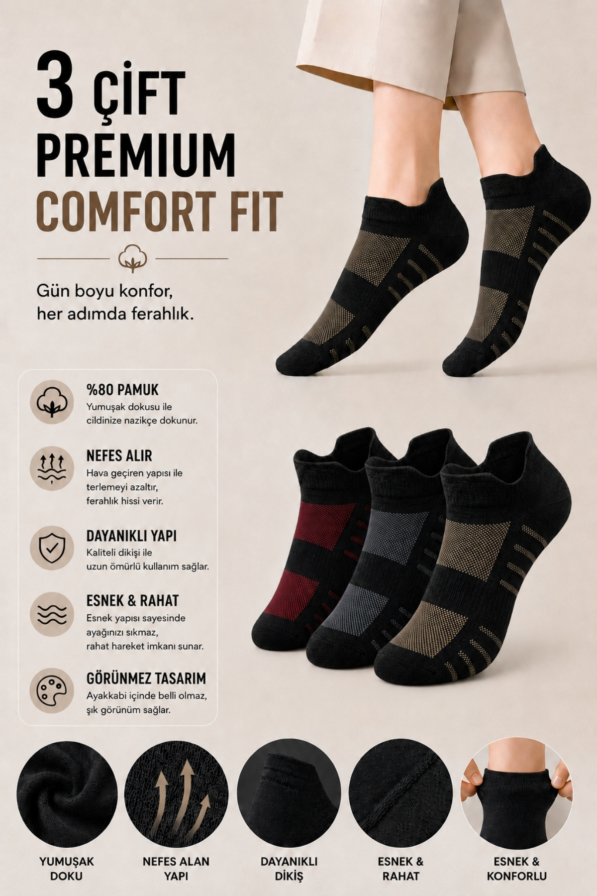 Dore Orijinal 3 Çift Unisex Kulaklı Ayakkabı Arkasını Vurmayan Konfor Modeli Ter Emici Nefes Alan 4 Mevsim Kullanım Özel Tasarım Bilek Boy Premium Pamuklu Günlük 3'lü Sneaker Spor Ayakkabı Çorabı
