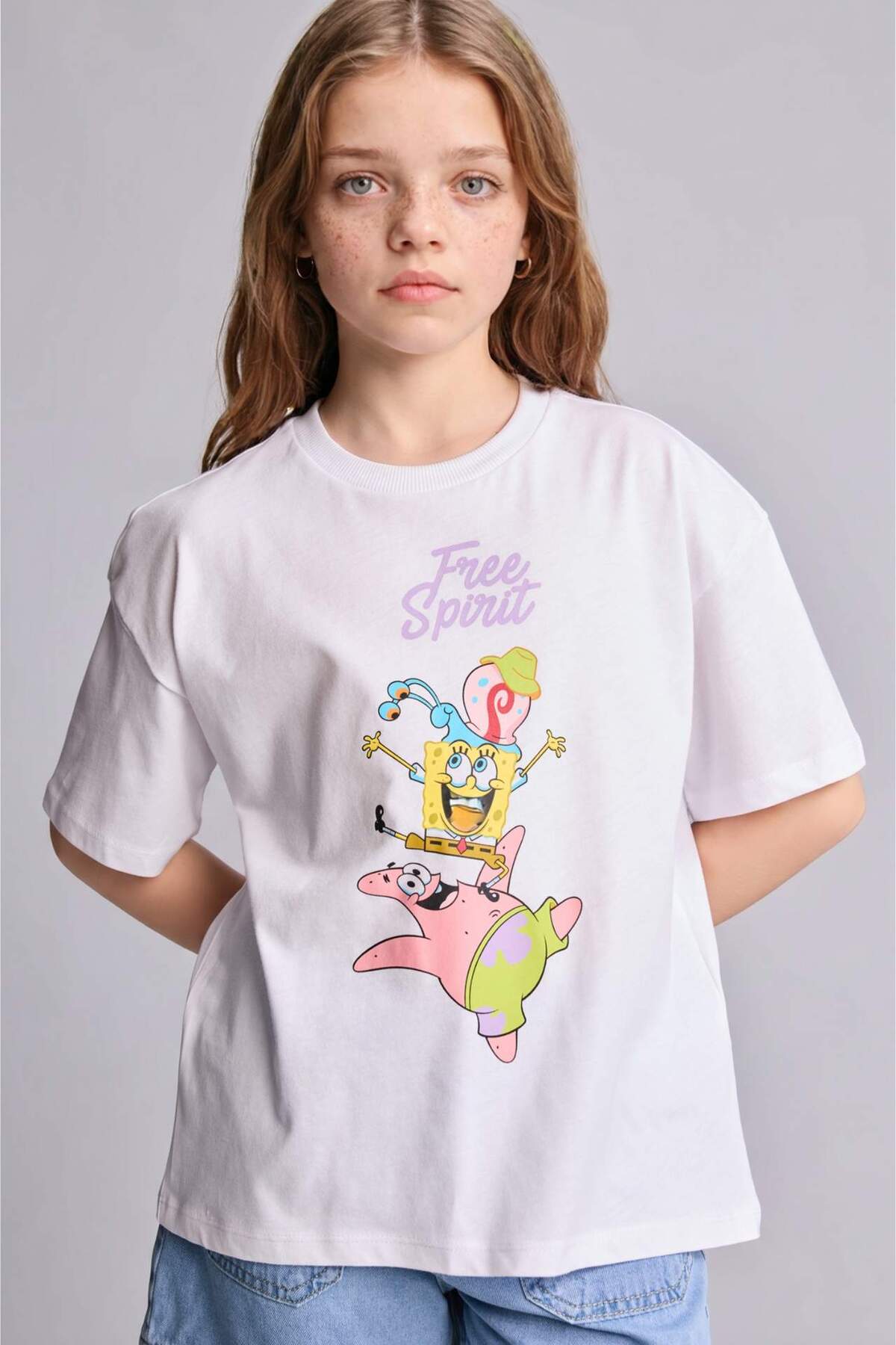 Defacto 100% Cotton Spongebob Oversized Crew Neck Short Sleeve T-Shirt for Girls H3481A826Hs
