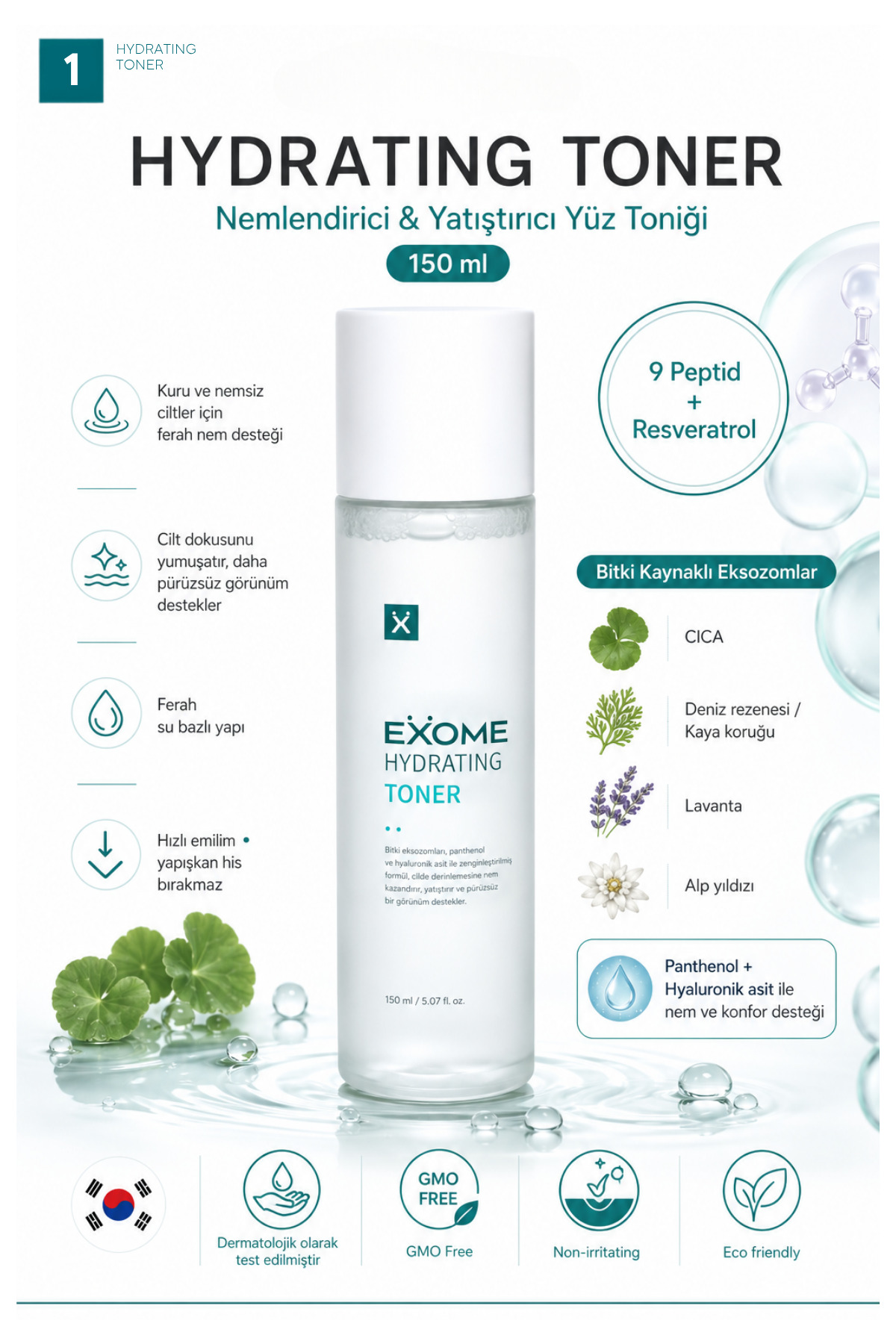 Nemlendirici Yüz Toniği | Panthenol & Hyaluronik Asit | Cilt Dengeleyici Bakım | Hydrating Toner | 150 ml — Exome005 — تصویر 2 از 6