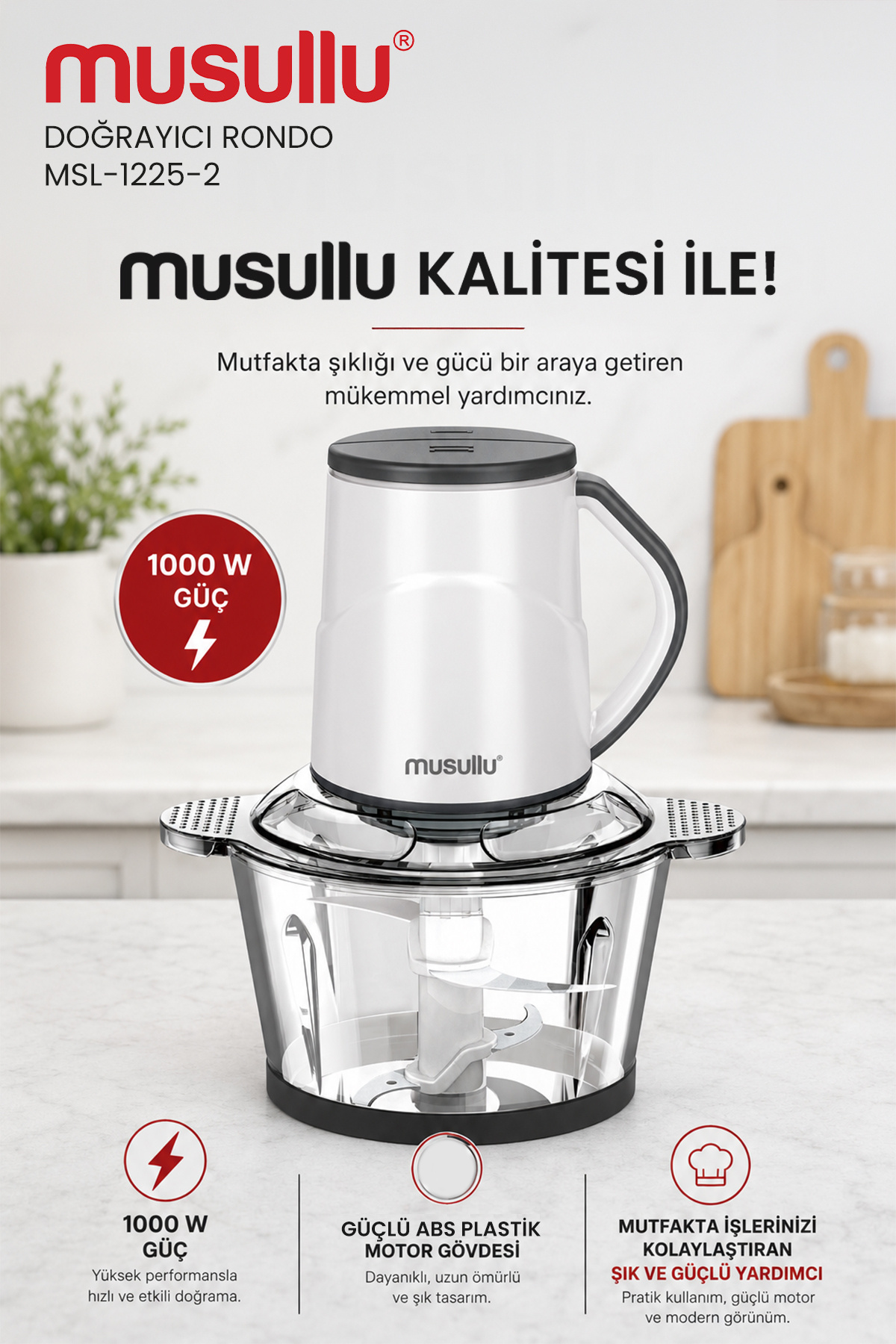 Meat Max MSL-1225-2 2 Lt Stainless Steel 4-Blade Chopper Chopper Rondo (with Garlic Peeling Apparatus) 1000w