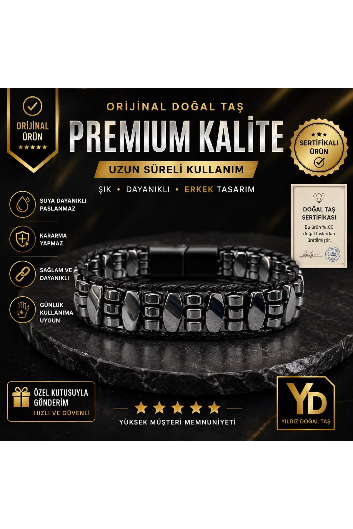 Certified Hematite Locked Natural Stone Leather Men's Bracelet Twist and Disc Cut
