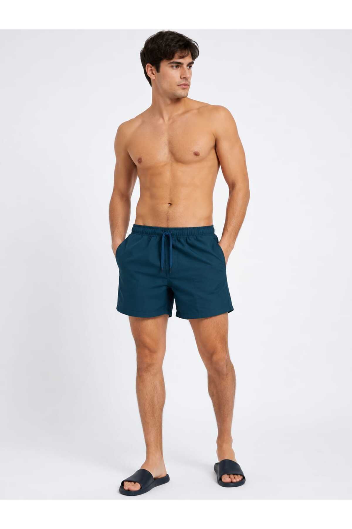 MARKAPIA Men's Flat Pocket Mesh Navy Blue Swim Shorts