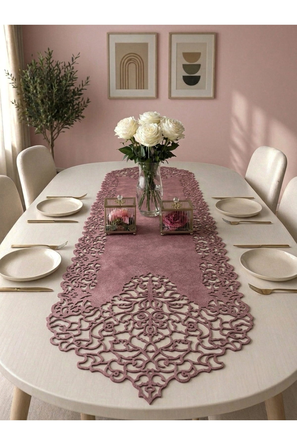 Pink Suede Fabric Slim Cut Runner Table Length 40x140cm