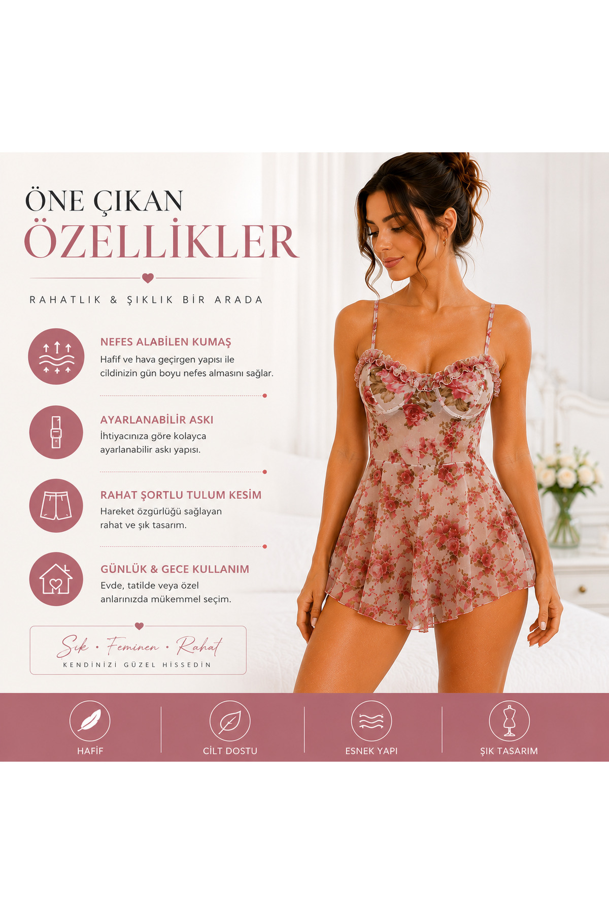 Masal Ten Kadın Şifon Şortlu Tulum Gecelik, Çiçek Desenli, Destekli & Ayarlanabilir Askılı, Rahat Babydoll Model görsel 5