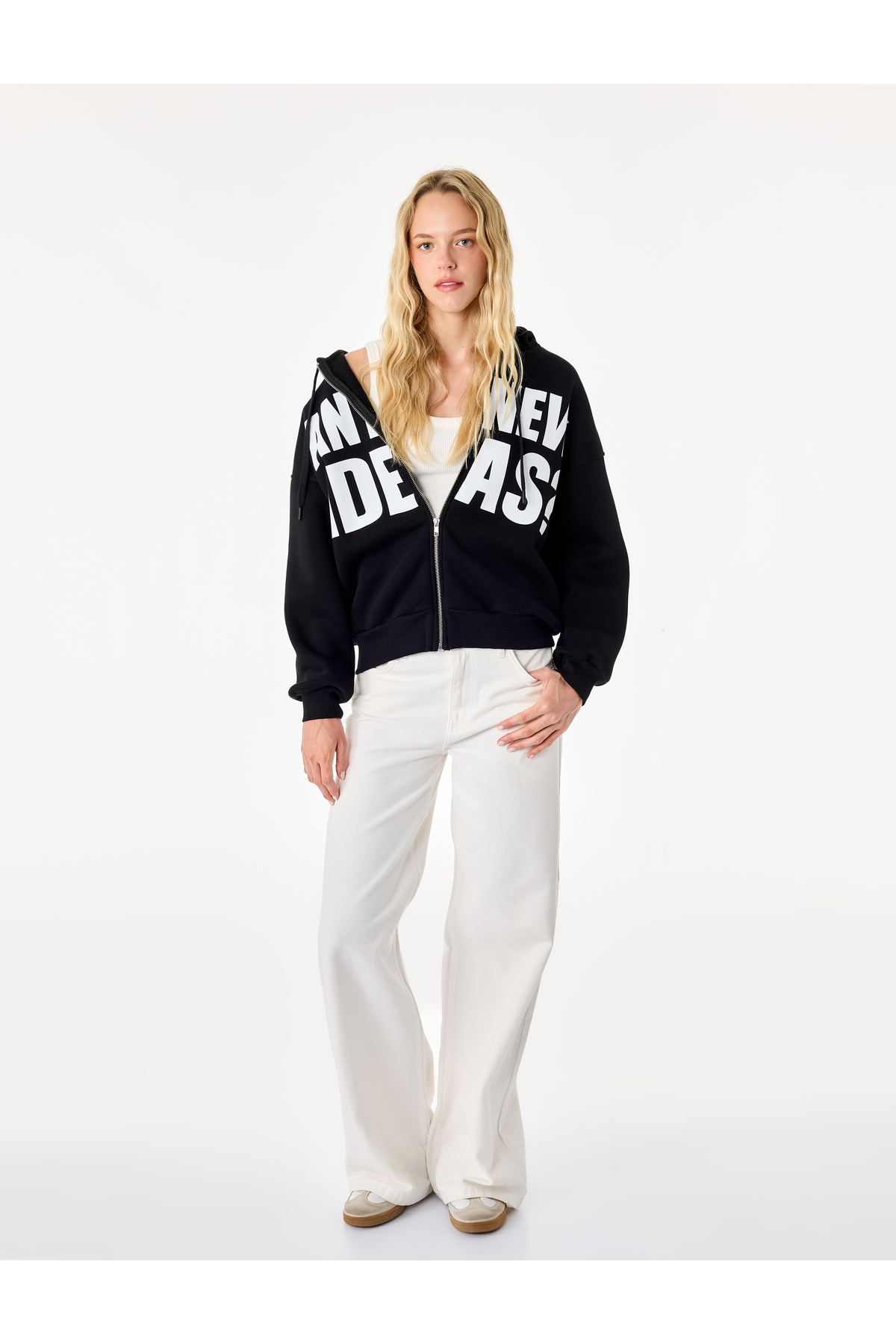 Koton Üç İplik Şardonlu Uzun Kollu Kapüşonlu Baskılı Fermuarlı Oversize Sweatshirt