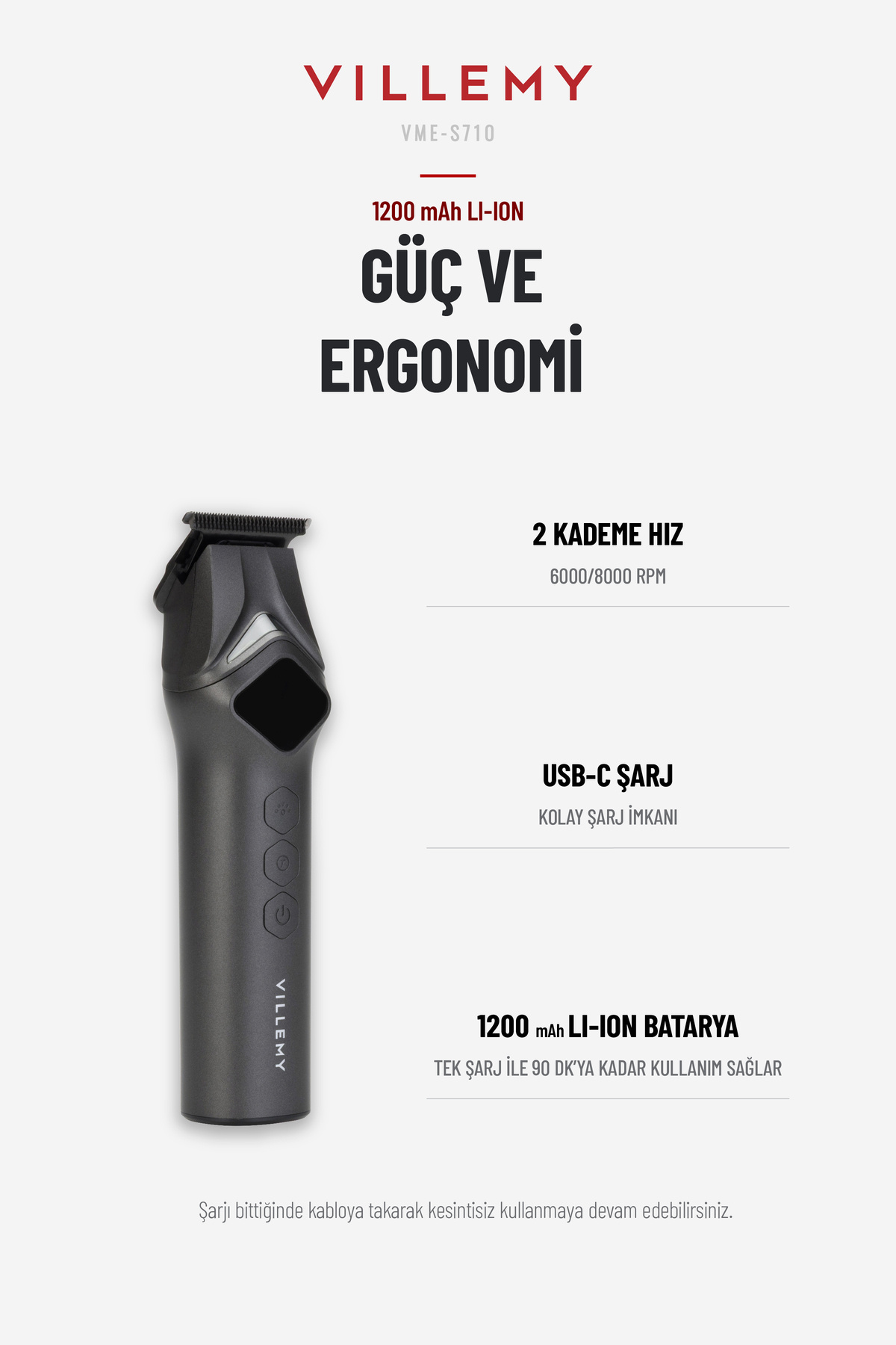 VME-S710 Profesyonel Saç Kesme, Sakal ve Ense Tıraş Makinesi Sıfıra En Yakın Kesim 0.1 mm T-Cut LED — خاکستری — تصویر 5 از 8