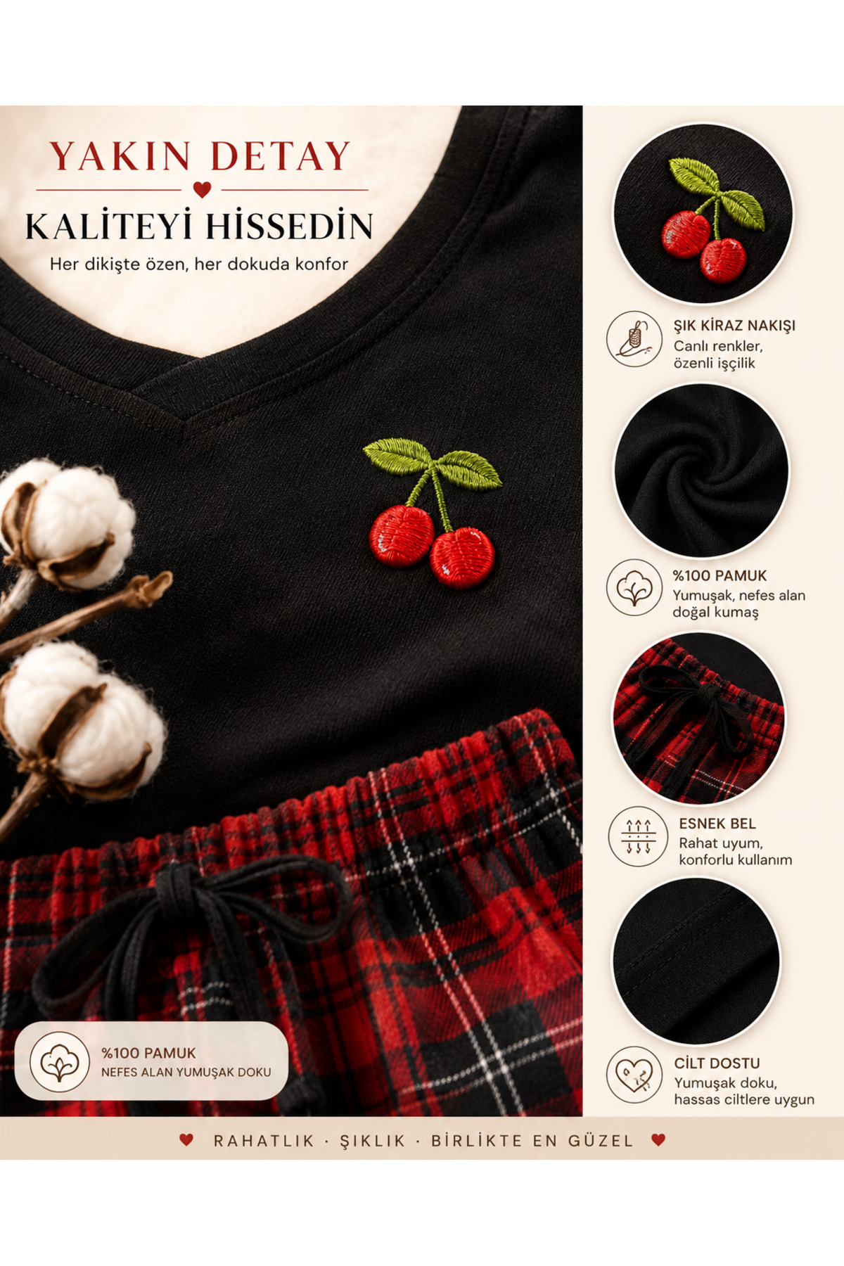 Anne Kız Kombinli Takımlanabilir Pijama Takımı Ekoseli Kiraz Detaylı ( Bir Takım Fiyatıdır) 3