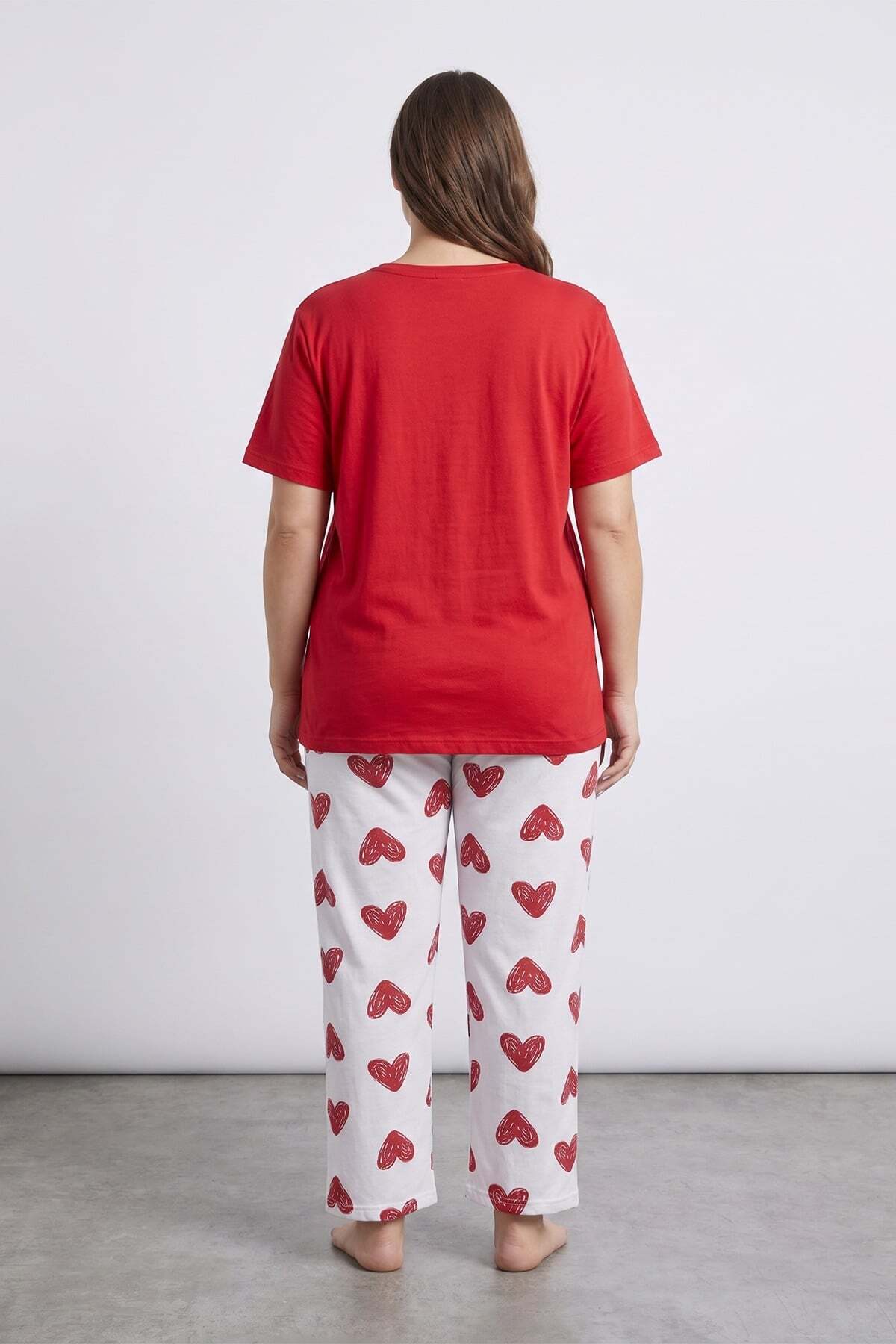 Fulla Moda Kalp Desenli Büyük Beden Kısa Kol Pijama Takımı görsel 3