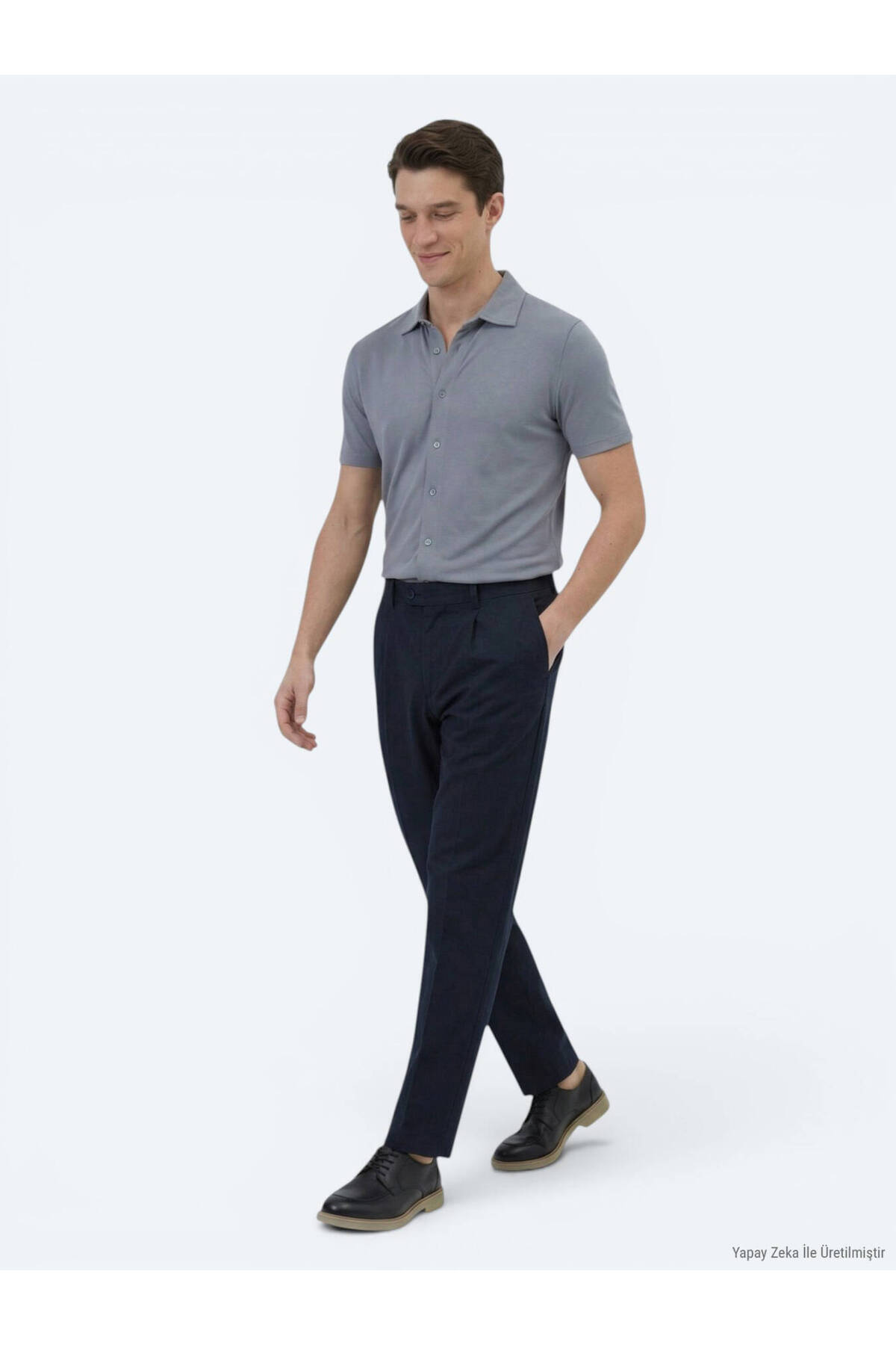 Gri Düz Regular Fit Kısa Casual Gömlek — خاکستری 10153812 — تصویر 3 از 5