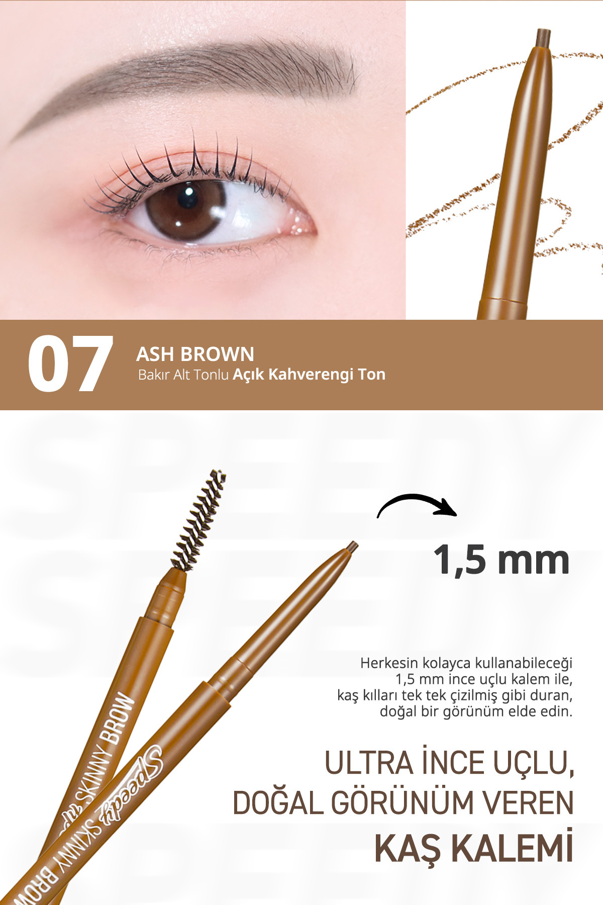 Ultra İnce Uçlu, Doğal Görünüm Veren Kaş Kalemi PERIPERA Speedy Skinny Brow (7 Ash Brown) — قهوه‌ای 6342 — تصویر 3 از 9