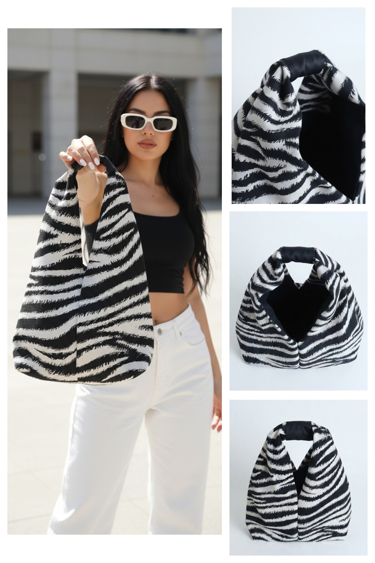 maia Siyah Beyaz Zebra Desenli Küçük Boy Hobo Model El Çantası görsel 4