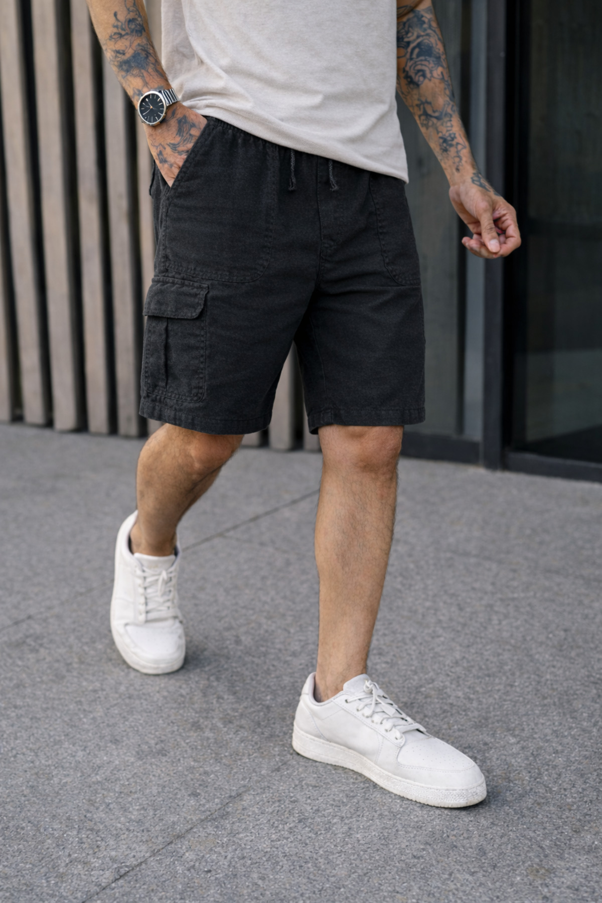 DAMGA JEANS Erkek Trend Düşük Bel Kargo Cepli Bol Siyah Keten Şort görsel 3