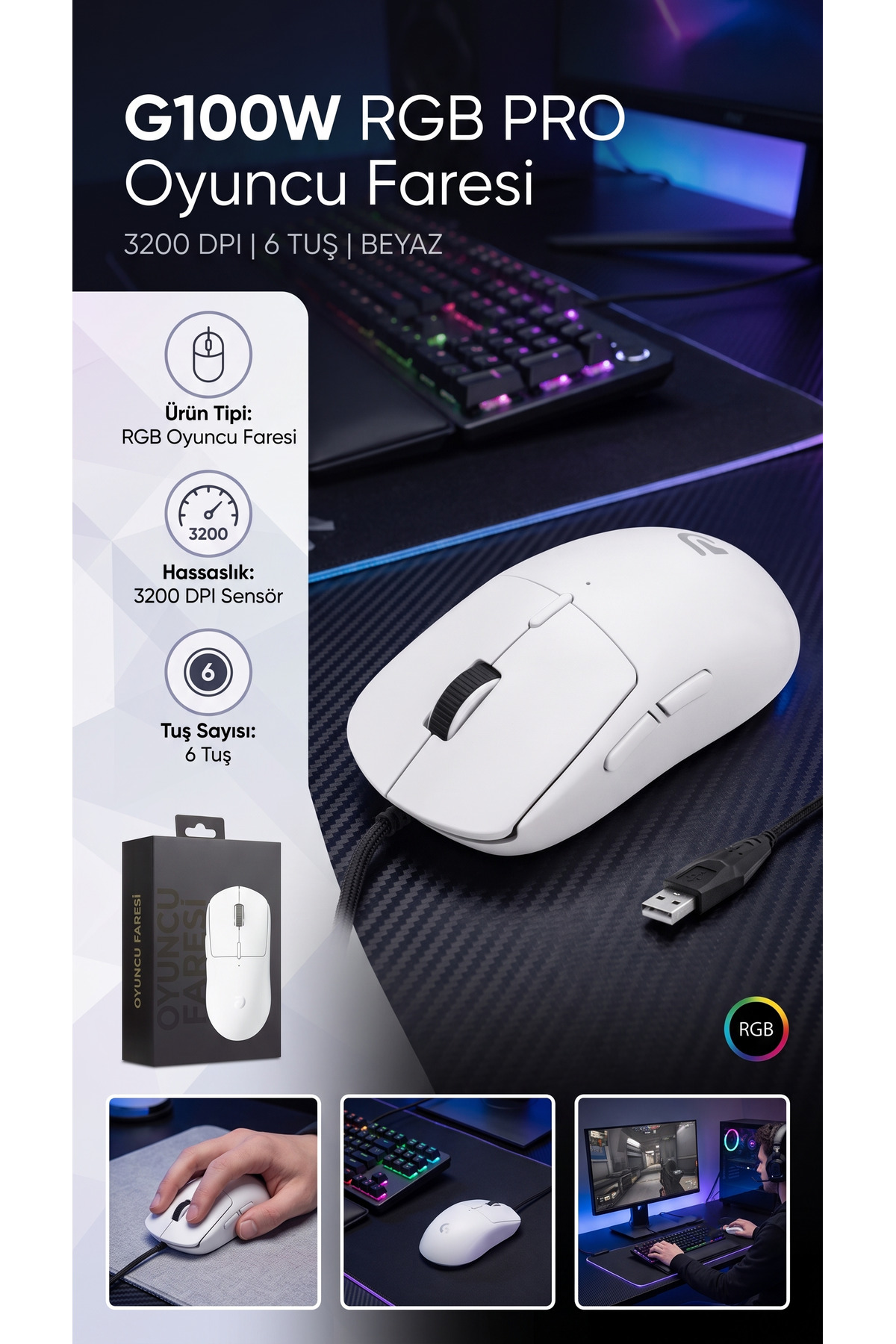 RGB Işıklı Oyuncu Mouse 3200 DPI 6 Tuşlu 59g Ultra Hafif Gaming Mouse Kablolu