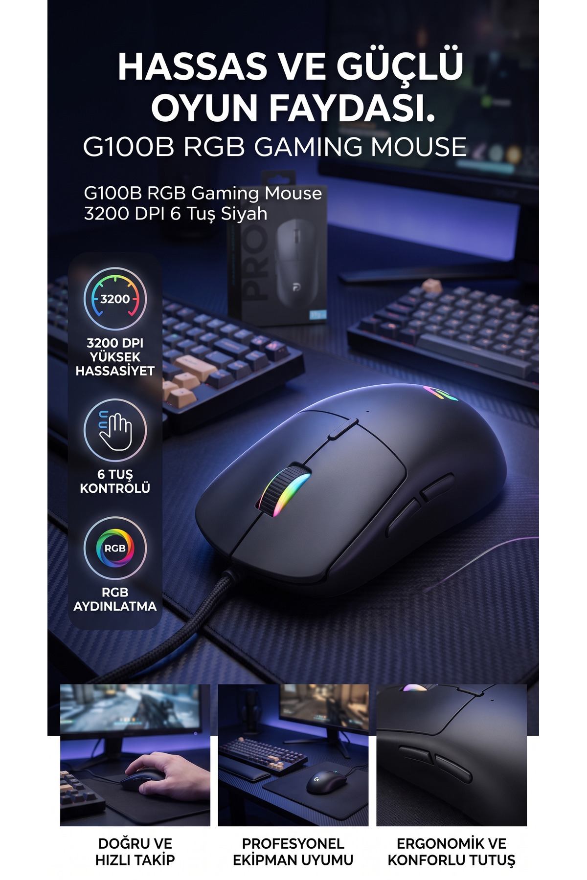 RGB Işıklı Oyuncu Mouse 3200 DPI 6 Tuşlu 59g Ultra Hafif Gaming Mouse Kablolu
