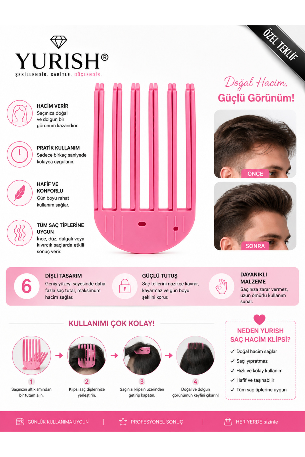 Büyük Boy Sihirli Saç Hacim Veren Klips Aparatı 6 Dişli / Hair Volume Clip/ Saç Tepesi Dolgunlaştırıcı Aparatı — صورتی yenialtıdişli — تصویر 3 از 3