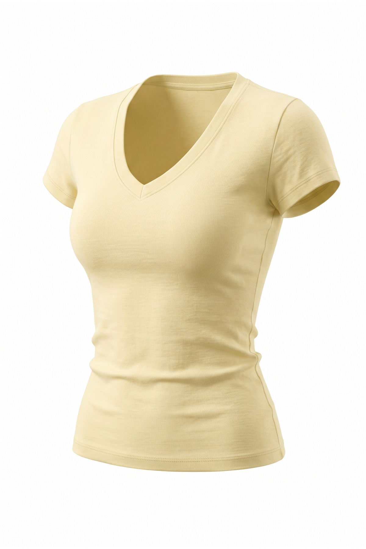 Nuzrk %100 Pamuk Ultra Soft Slim Fit Esnek Dokulu Vücuda Oturan V Yaka SOFT SARI Kadın T-Shirt görsel 4