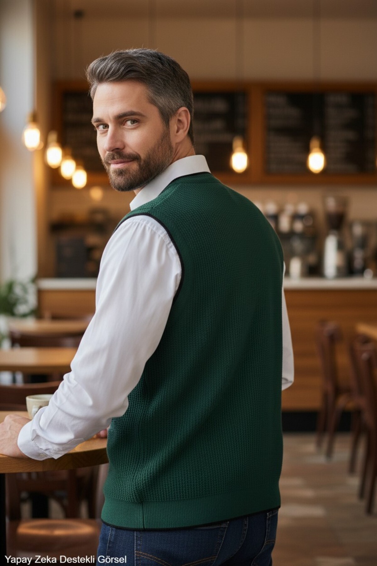Kamalı Erkek Nefti V Yaka Triko Düğmeli Cepli Çizgi Desenli Regular Fit Tüylenmeyen Örgü Yelek görsel 3