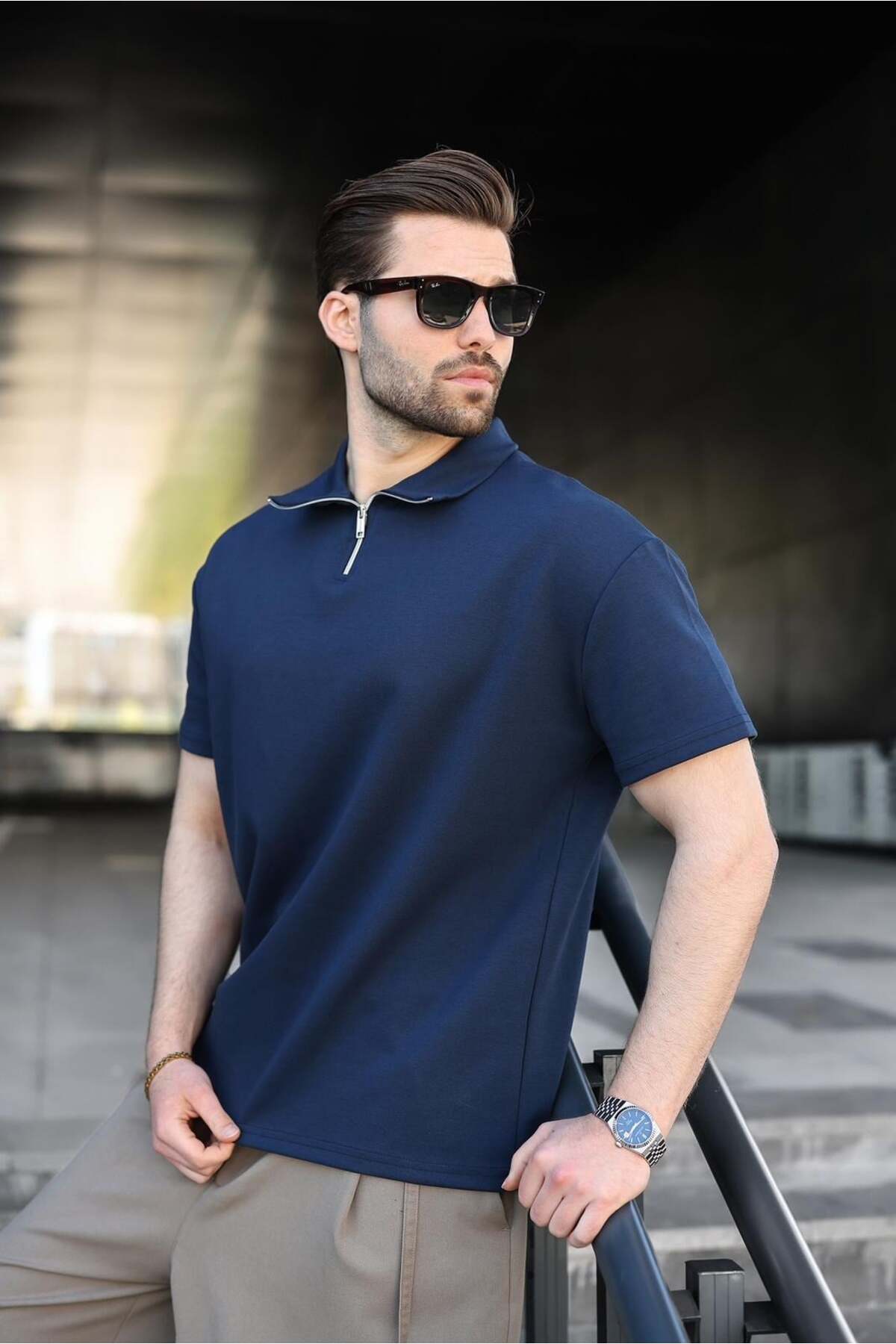 Madmext Navy Blue Half Zipper Detailed Polo Collar Men's T-Shirt E7184