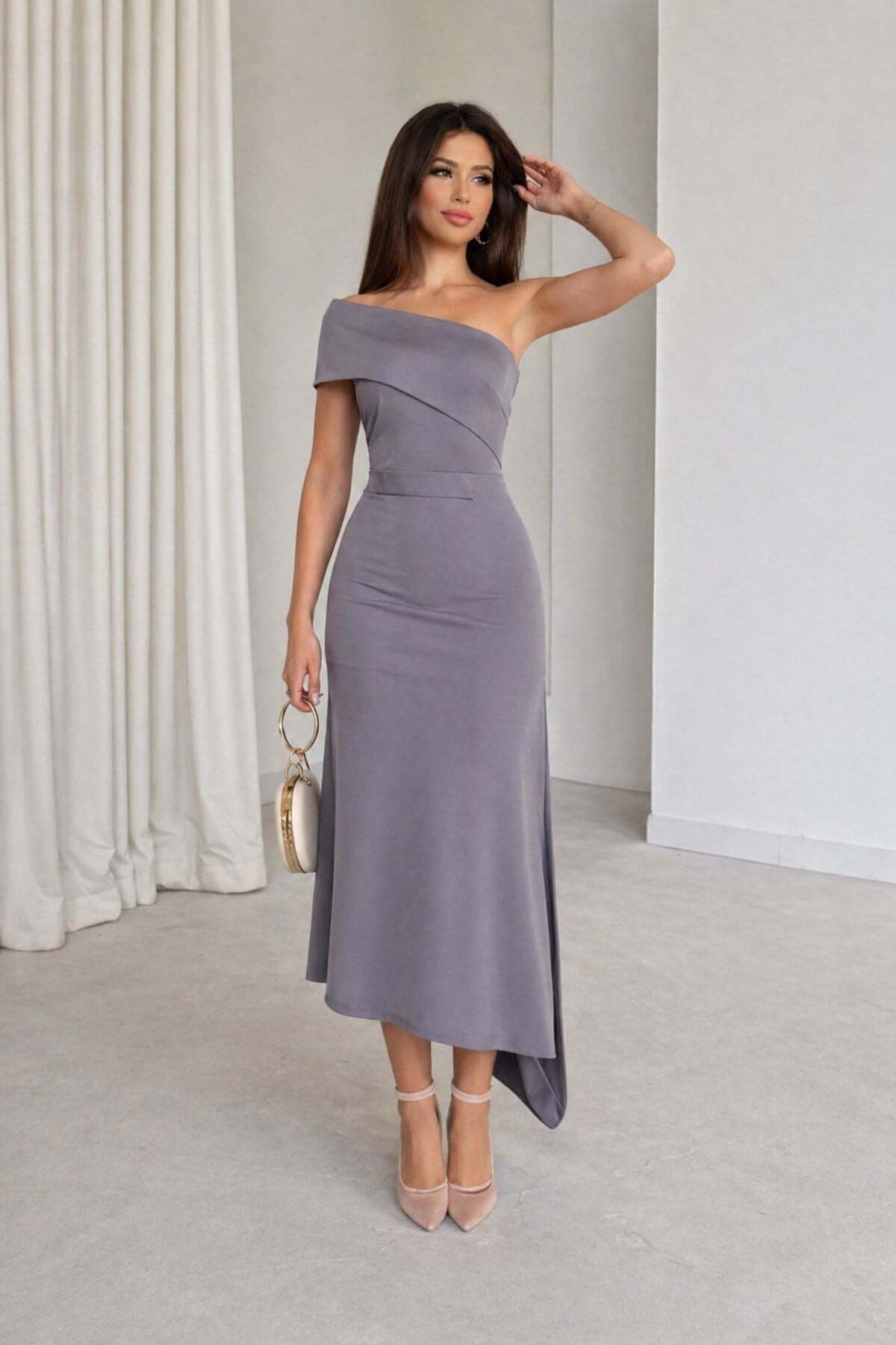 Grey Collar And Skirt Asymmetrical Detail Crepe Fabric Midi Size Dress