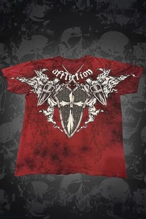 Karakedi Affliction Shield Sword Gotik Y2K Kırmızı Yıkamalı Unisex T-Shirt