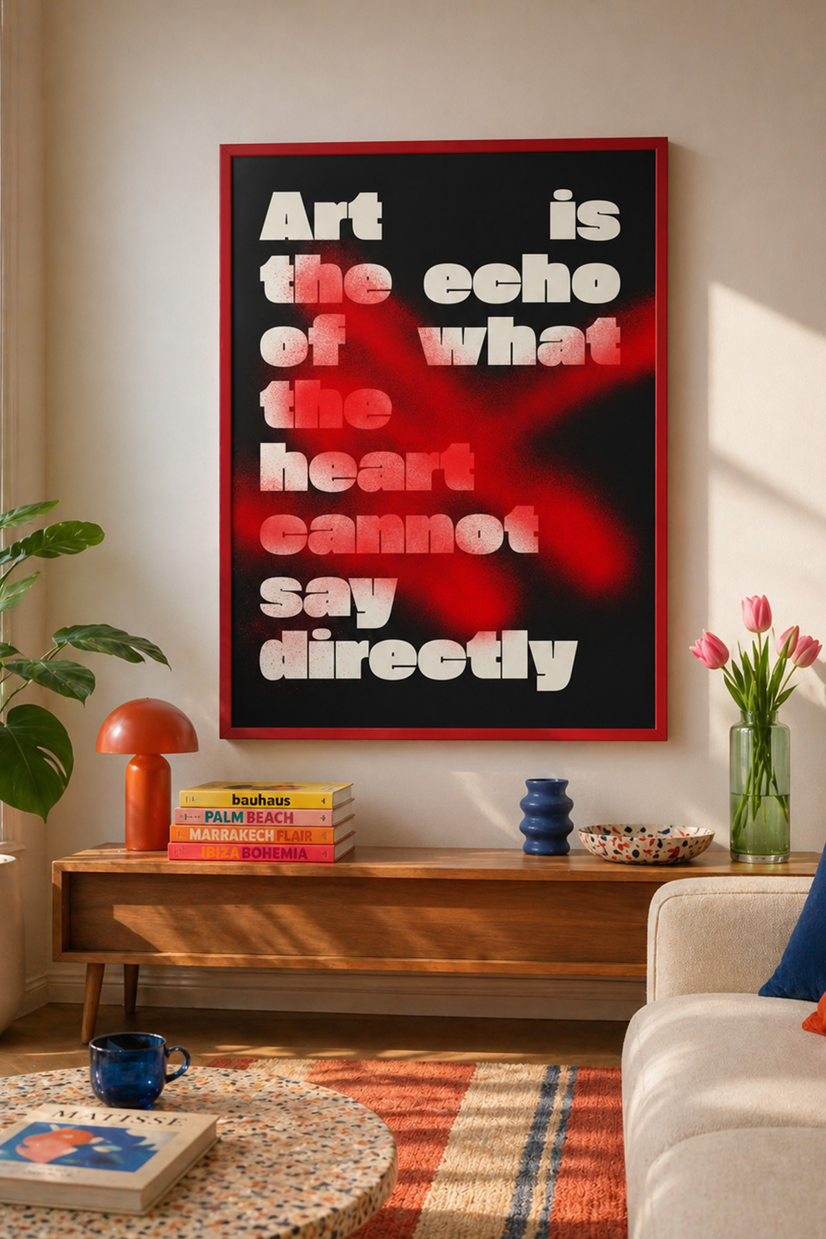 Kırmızı Siyah Yazılı Tablo Poster Modern Sanat Duvar Dekoru Art is the Echo Çerçevesiz