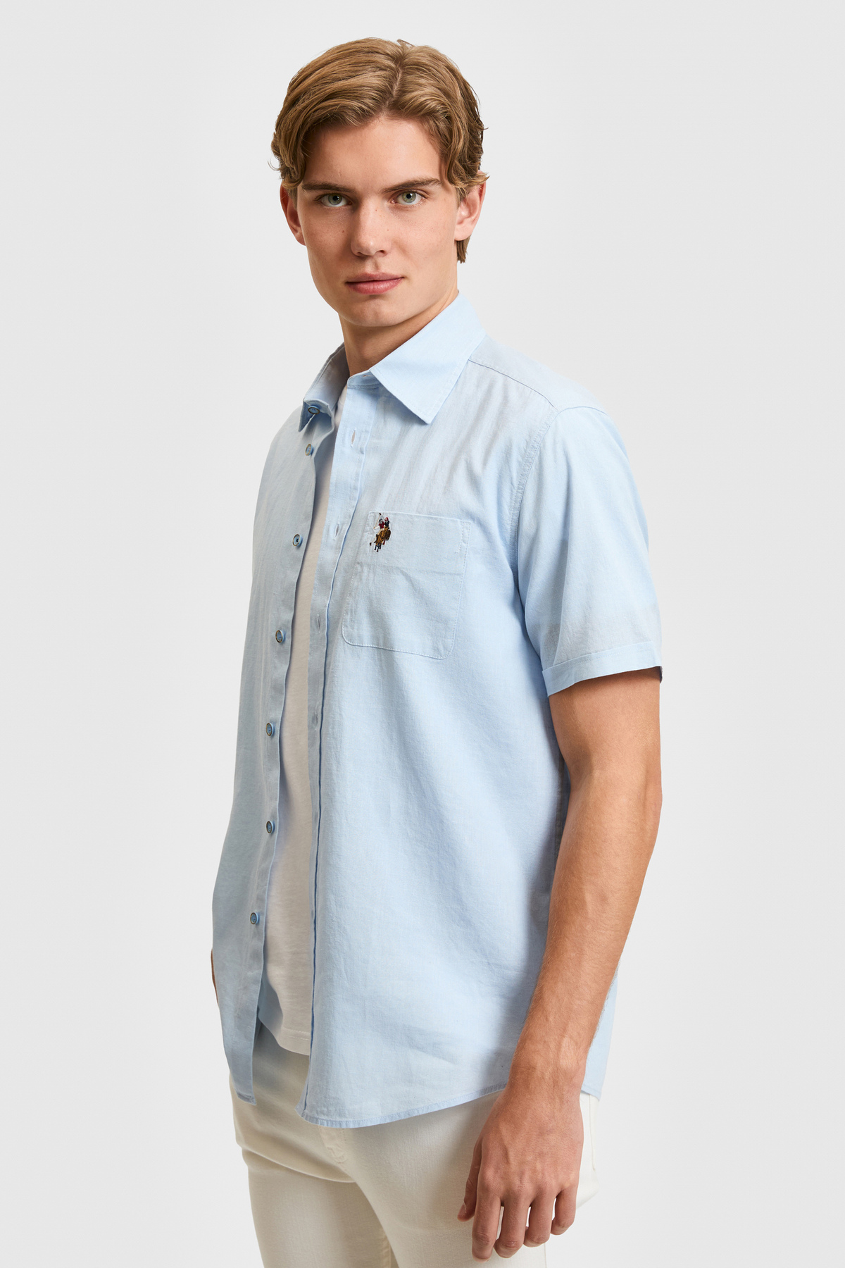 U.S. Polo Assn. Erkek Açık Mavi Kısa Kollu Keten Karışımlı Gömlek 50319023-VR003 — آبی