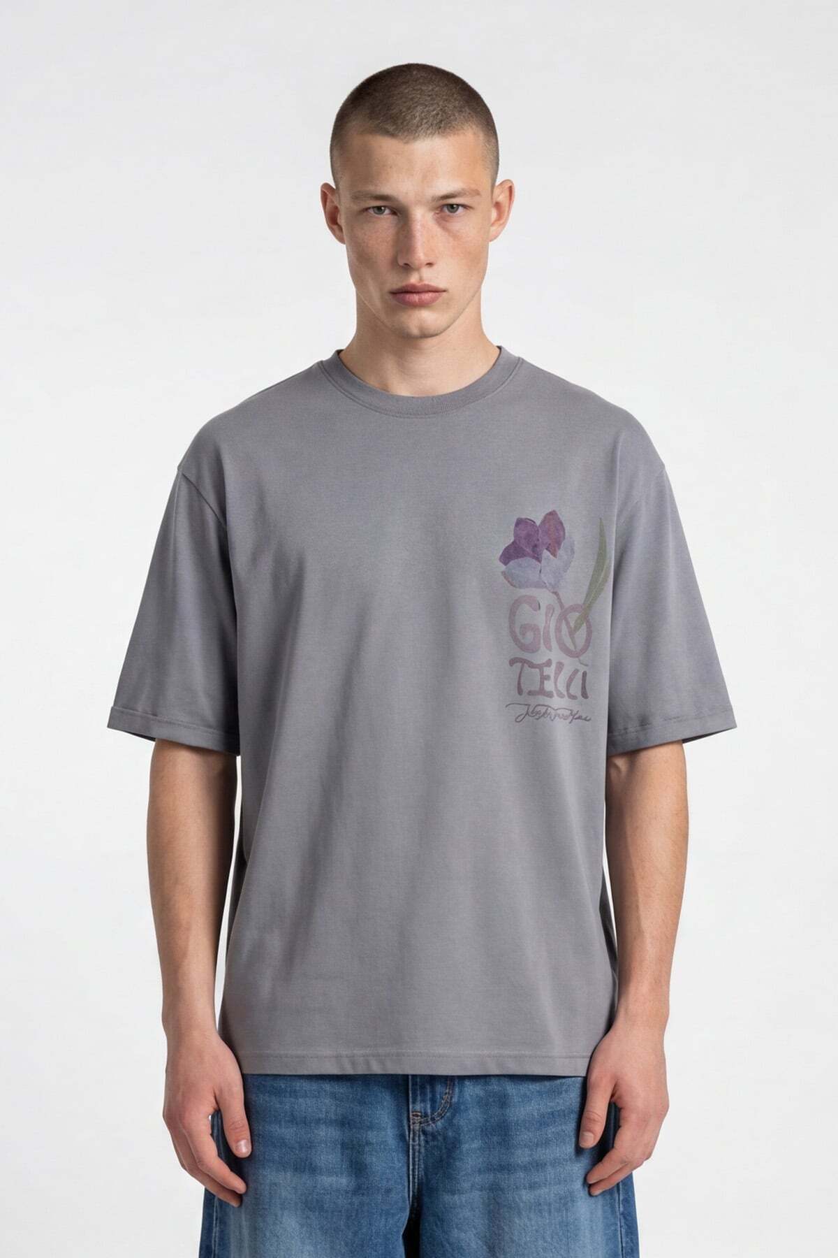 Giotelli Men's Gray Wide Cut Oversize Fit Short Sleeve Crew Neck T-Shirt