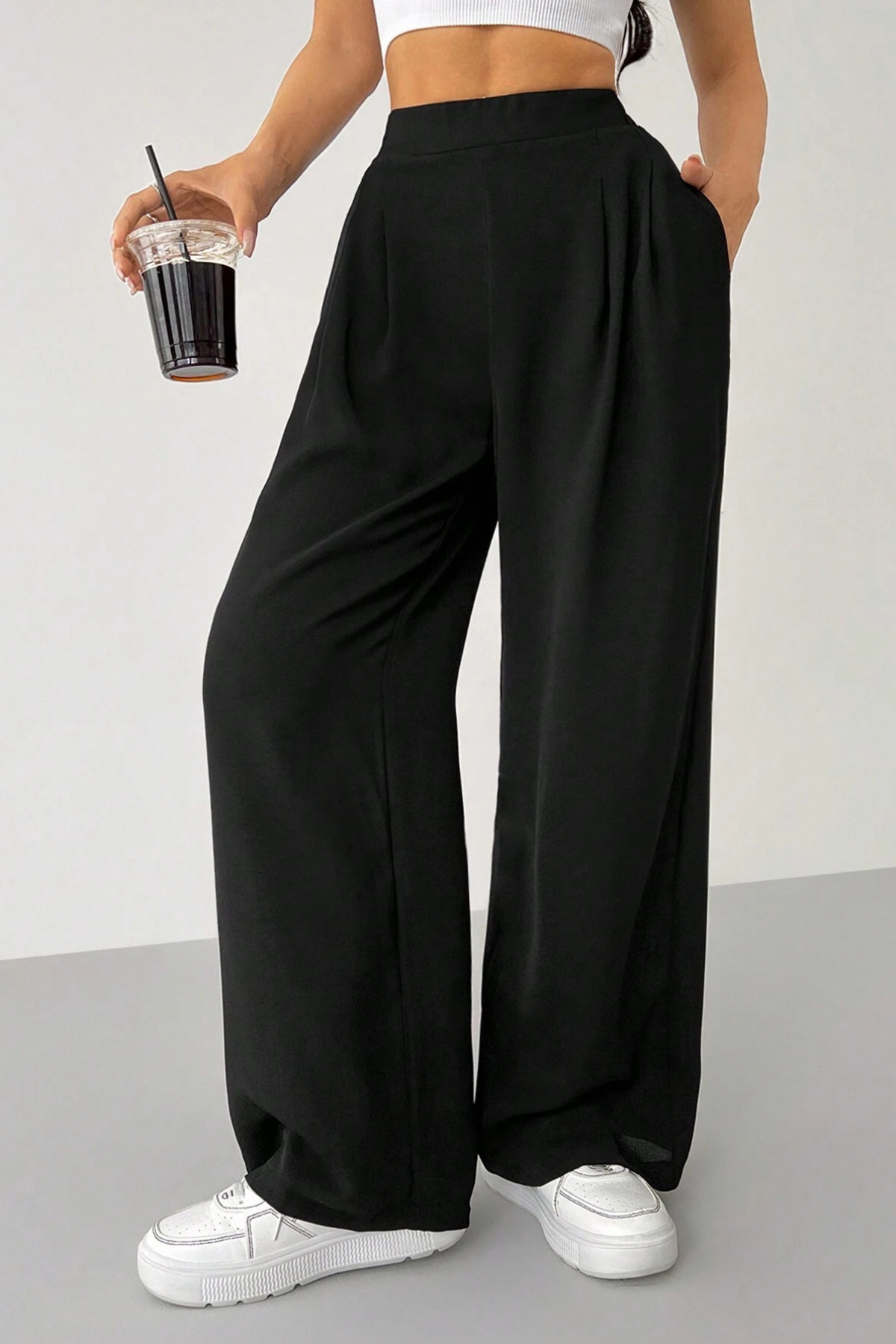 Women's Pants Scuba Crepe Fabric Elastic Waist Pleated Wide Leg Palazzo Pants