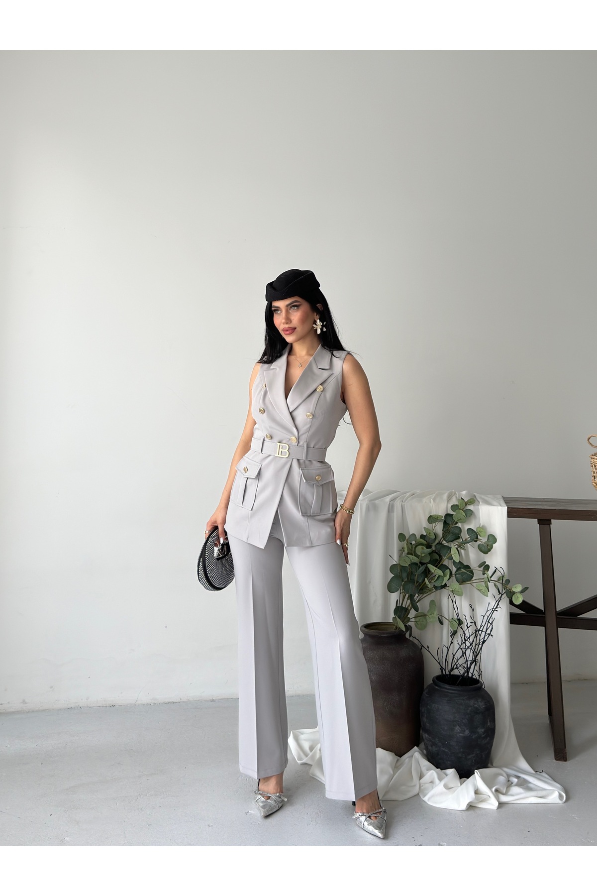 Gold Buttoned Vest Pants Blazer Set with Belt Accessory