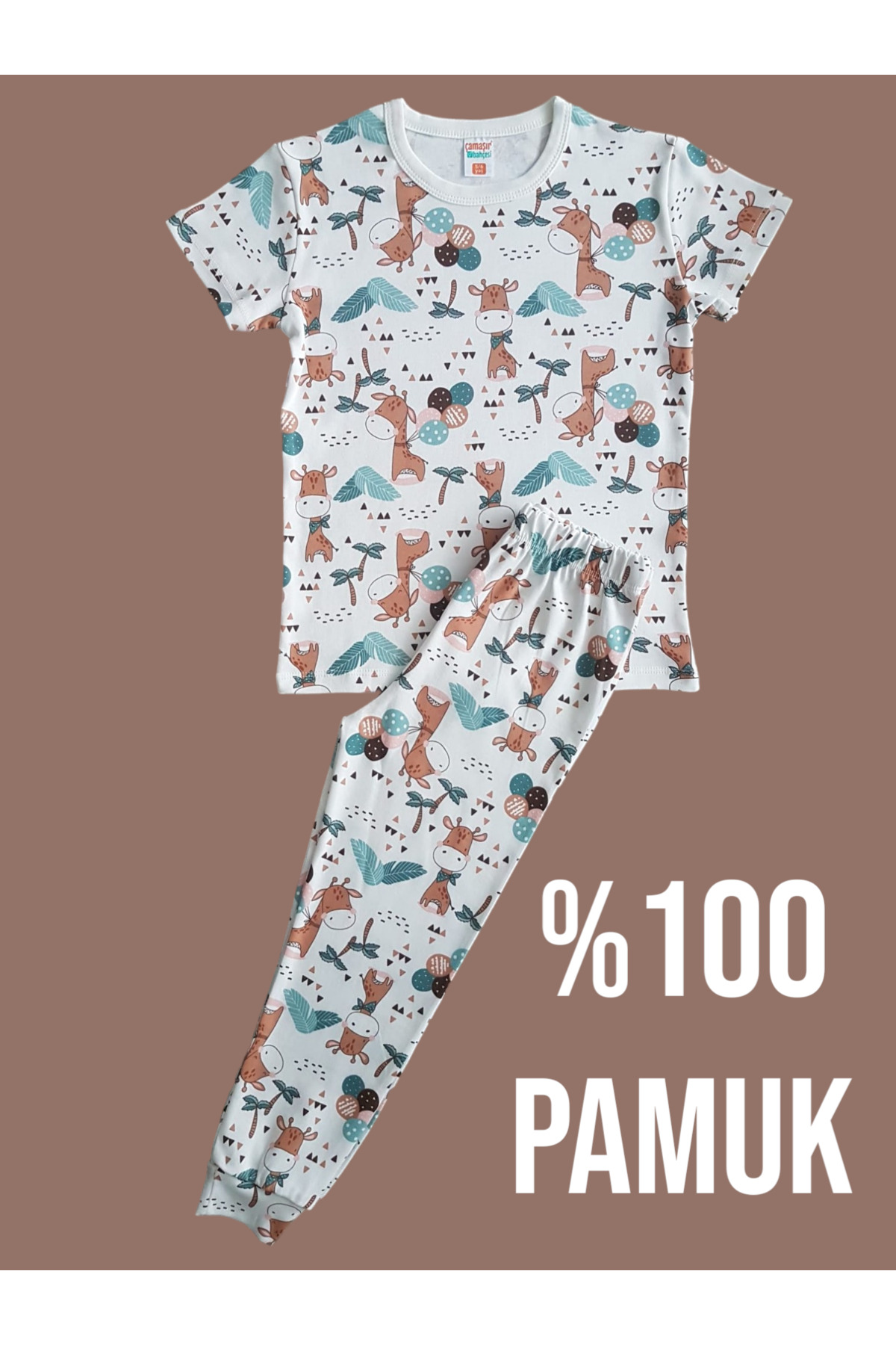 Short Sleeve Patterned Kids Pajamas Set # printedchildrenpajama care #giraffepajamas #laundry