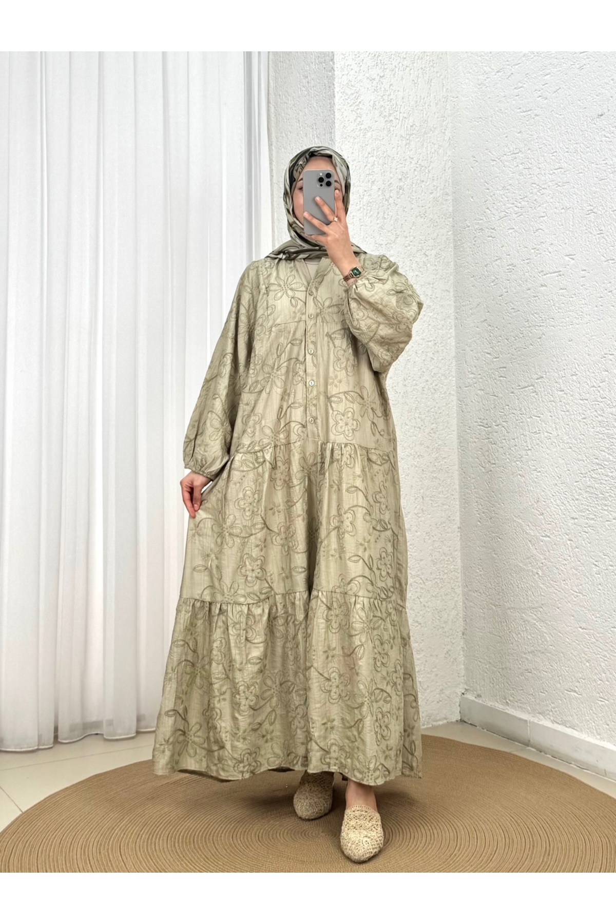 Asude Brode Pattern Half-Patterned Dress-PE600 Mint