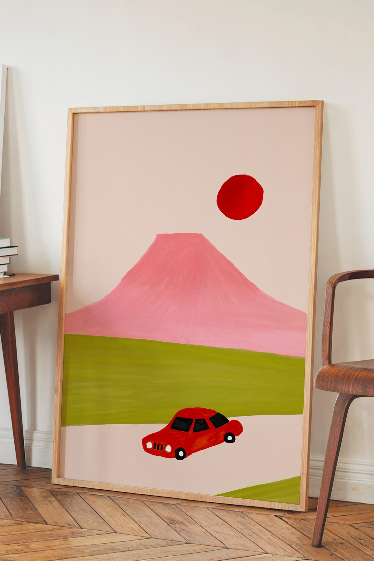 Minimal Dağ Yolu Tablo Poster Pembe Manzara Araba İllüstrasyon Çerçevesiz