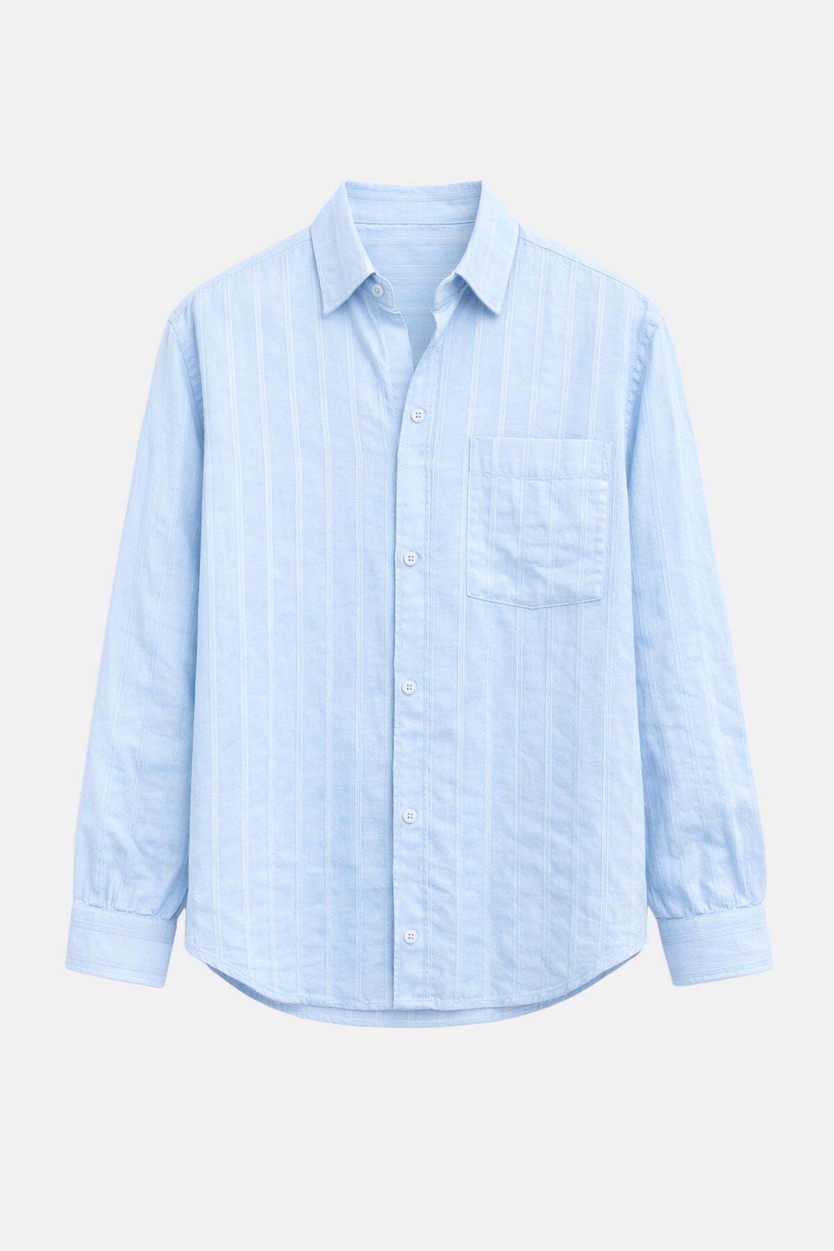 Çizgili Oversize Gömlek Mavi — آبی V40-103