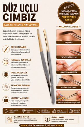 Syku Düz Uçlu Cımbız Paslanmaz Çelik Gold Uçlu Profesyonel Kaş Alma ve Kişise...